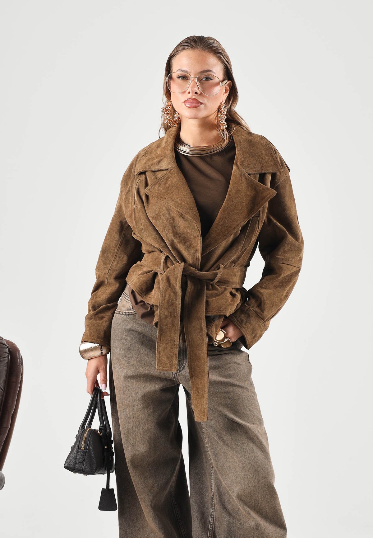 VICOLO Giubbotto CAMOSCIO CON CINTURA Taupe marrone tortora da donna, in vera pelle scamosciata TAC0345 ACU141 VICOLO 