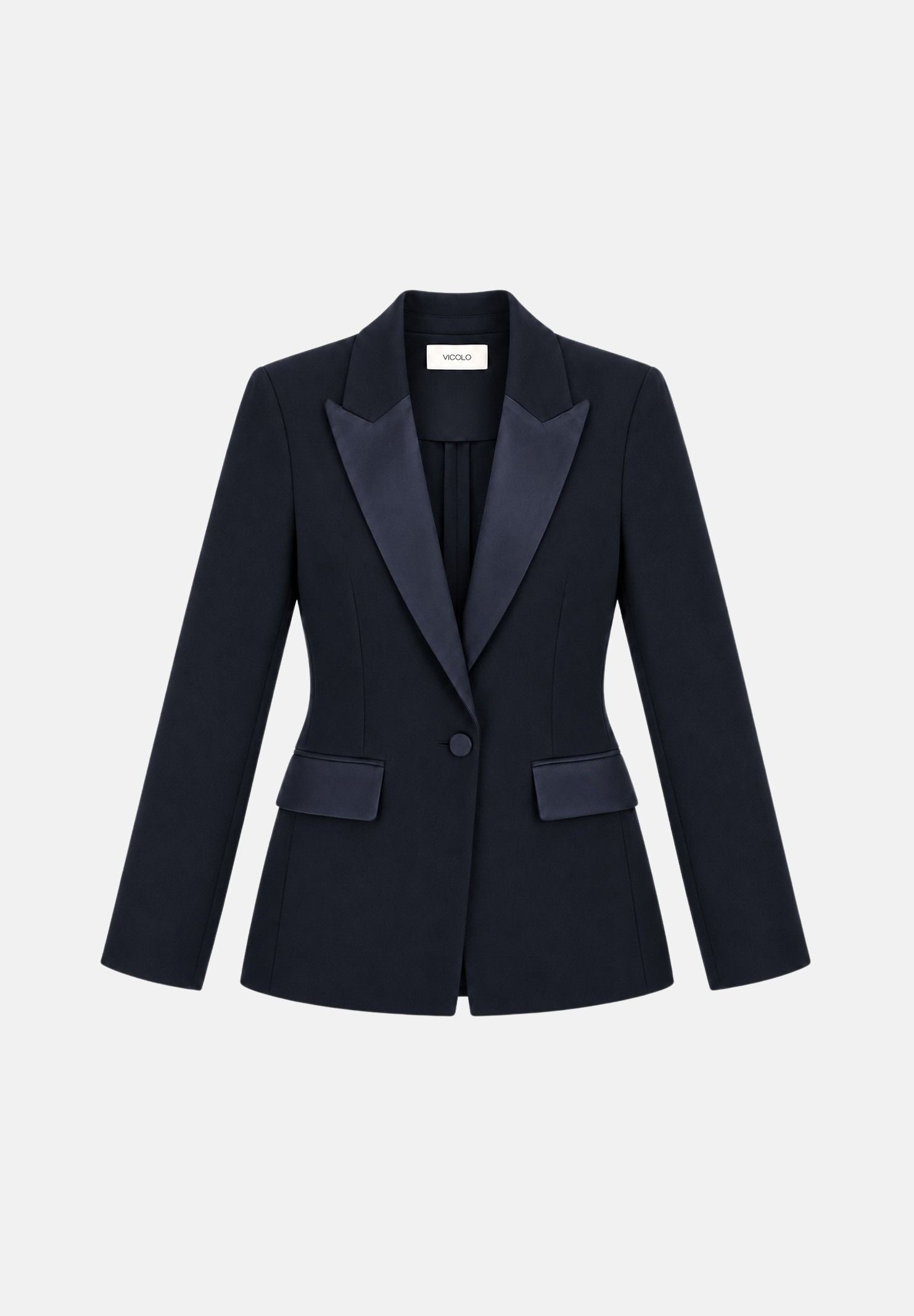 VICOLO Giacca monopetto in raso blu per donna con chiusura a un bottone e tasche con patta a contrasto. TAC0406 A89 VICOLO 