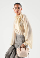 VICOLO Blusa champagne-vaniglia da donna con nodo drappeggiato e maniche a palloncino TAC0429 ACU04 VICOLO 