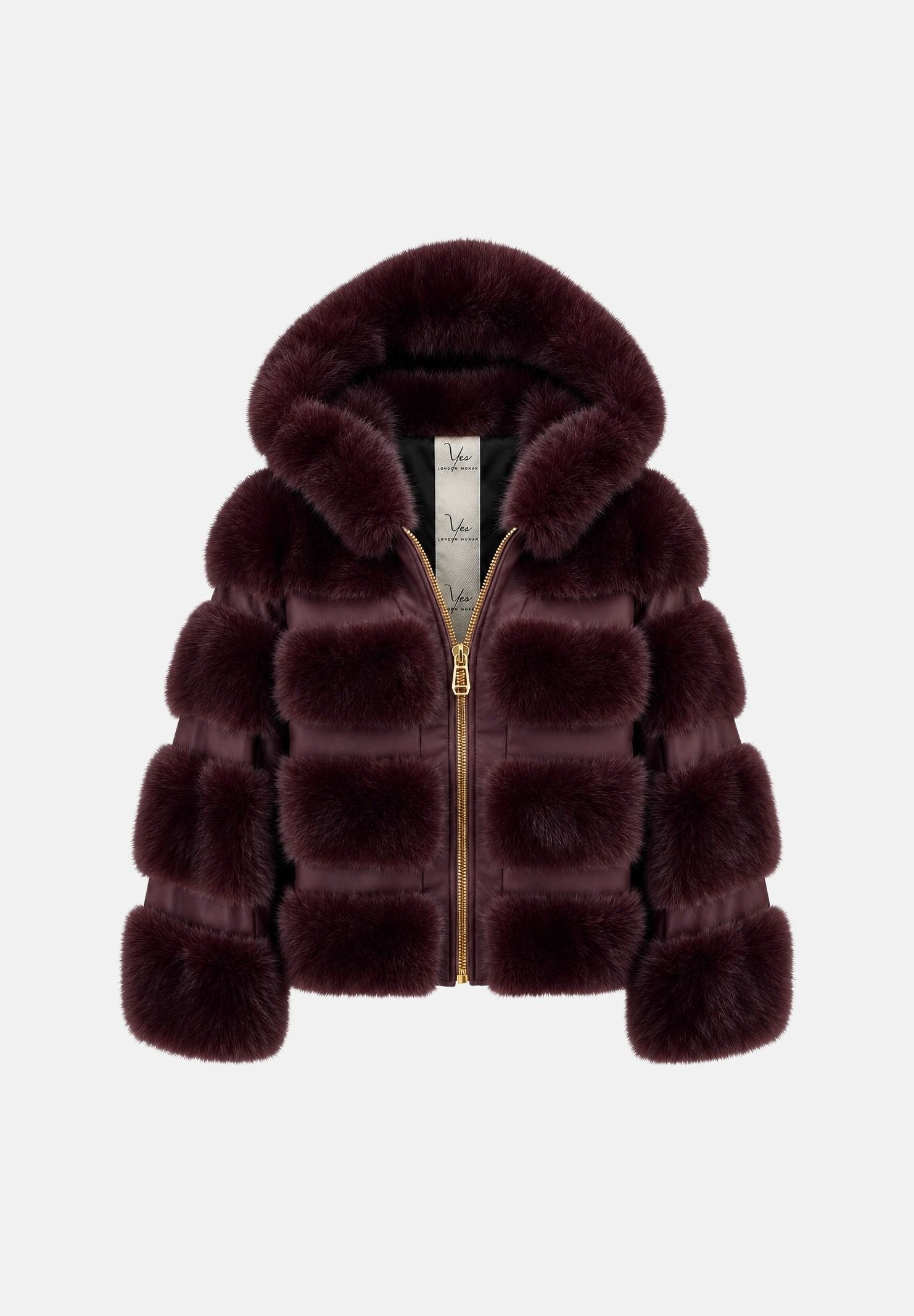 YES LONDON Pelliccia  Borgogna bordeaux scuro da donna in ecovolpe con inserti in ecopelle, cappuccio e zip frontale color oro. ECO050 BO YES LONDON 