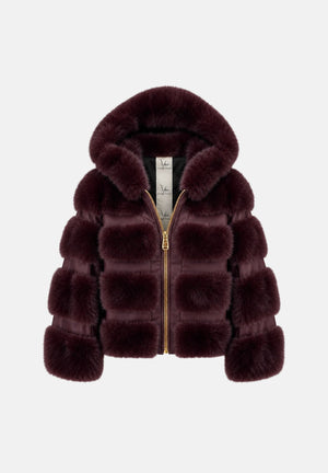 YES LONDON Pelliccia  Borgogna bordeaux scuro da donna in ecovolpe con inserti in ecopelle, cappuccio e zip frontale color oro. ECO050 BO YES LONDON 