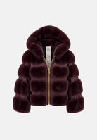 YES LONDON Pelliccia  Borgogna bordeaux scuro da donna in ecovolpe con inserti in ecopelle, cappuccio e zip frontale color oro. ECO050 BO YES LONDON 