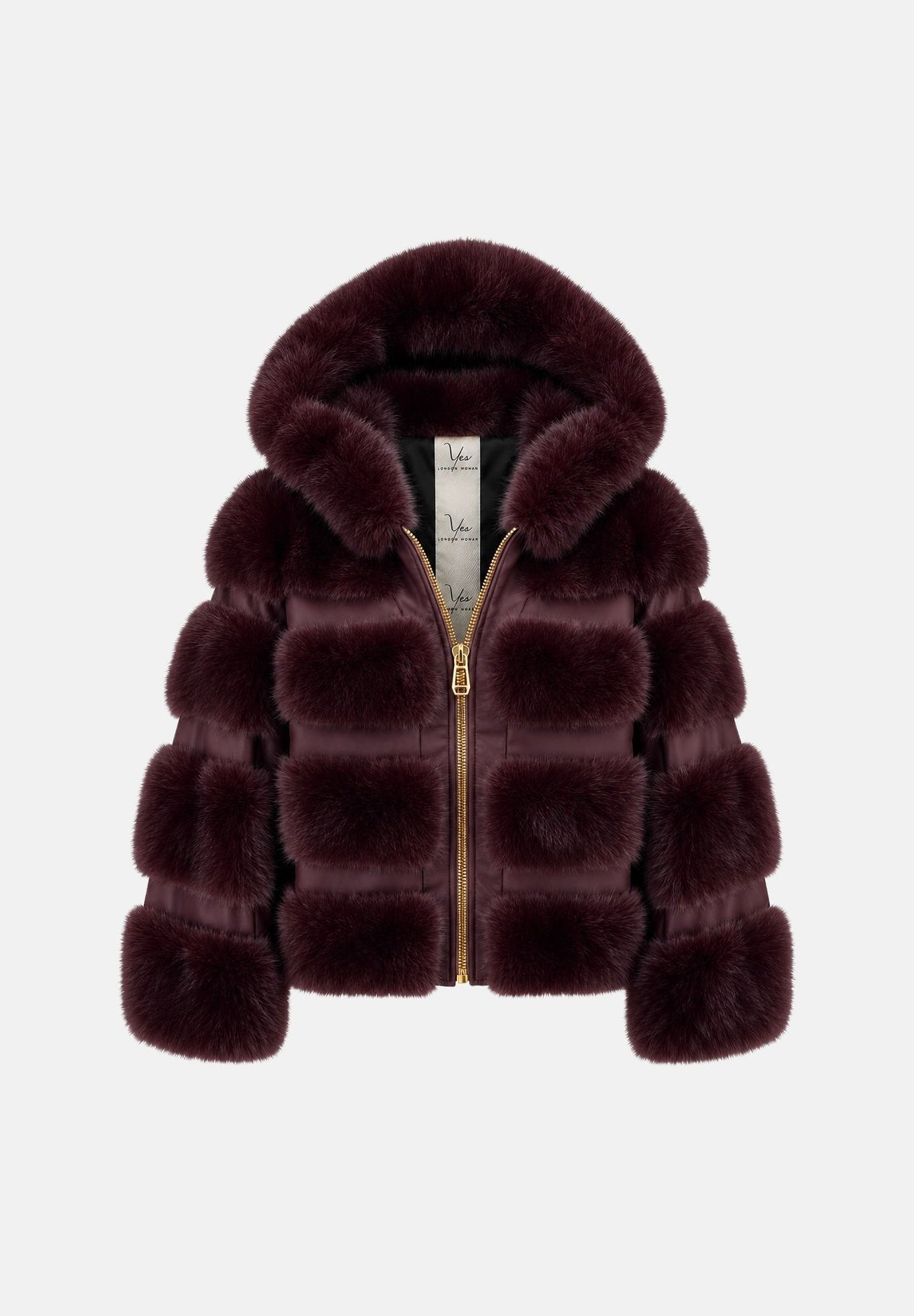 YES LONDON Pelliccia  Borgogna bordeaux scuro da donna in ecovolpe con inserti in ecopelle, cappuccio e zip frontale color oro. ECO050 BO YES LONDON 