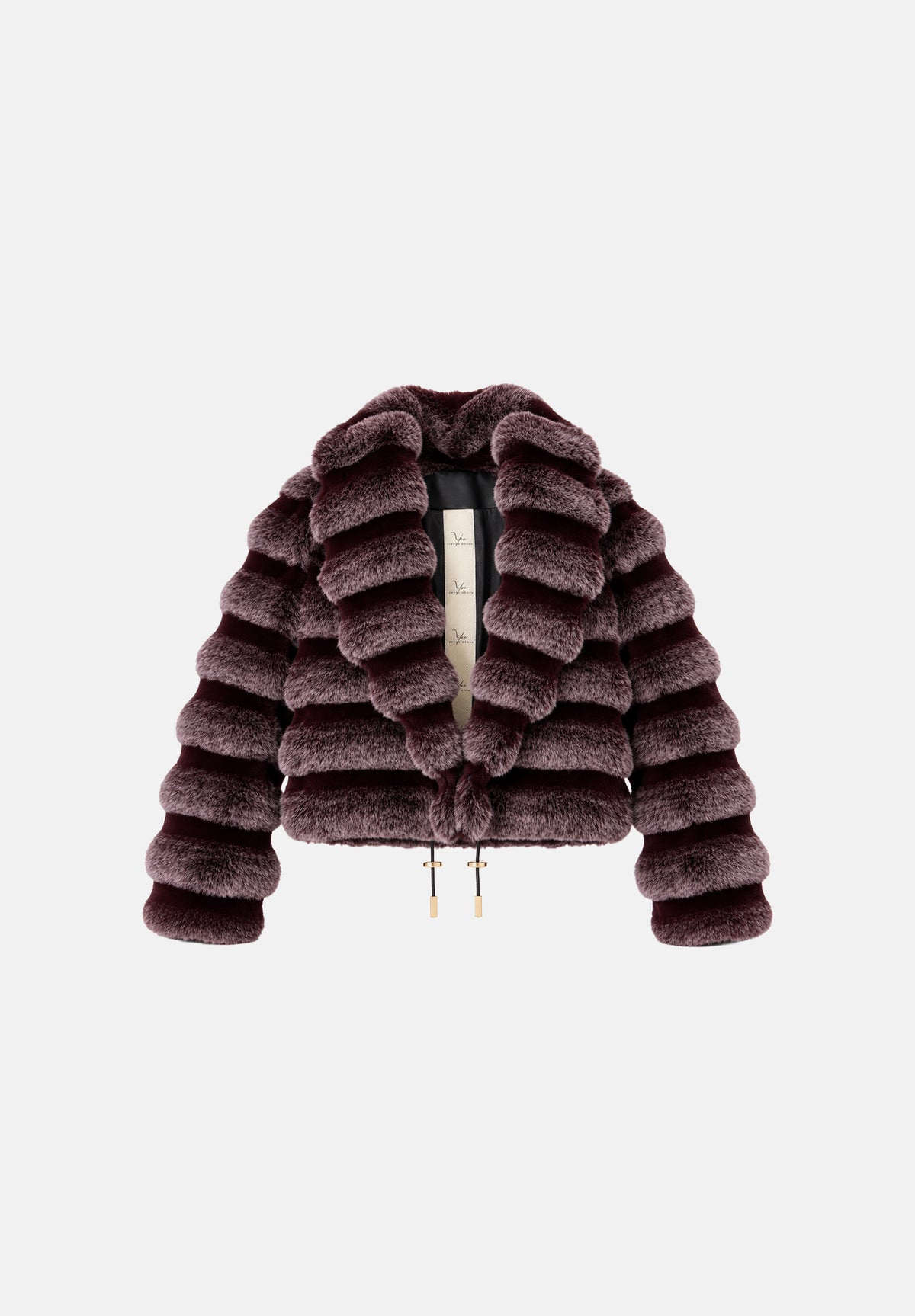YES LONDON Pelliccia corta Borgogna bordeaux da donna, con cappuccio, fasce orizzontali, zip frontale e fondo regolabile.<BR/> ECO058 BO YES LONDON 