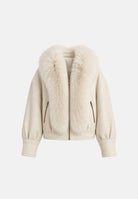 YES LONDON Giubbotto corto  bianco crema da donna in vera nappa, con pelliccia di volpe naturale, zip e interno con stampa gioiello.<BR/> NP2001VO PA YES LONDON 