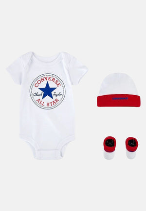 Set neonato bianco blu rosso, composto da cappellino body e calzini LC0028R4F CONVERSE