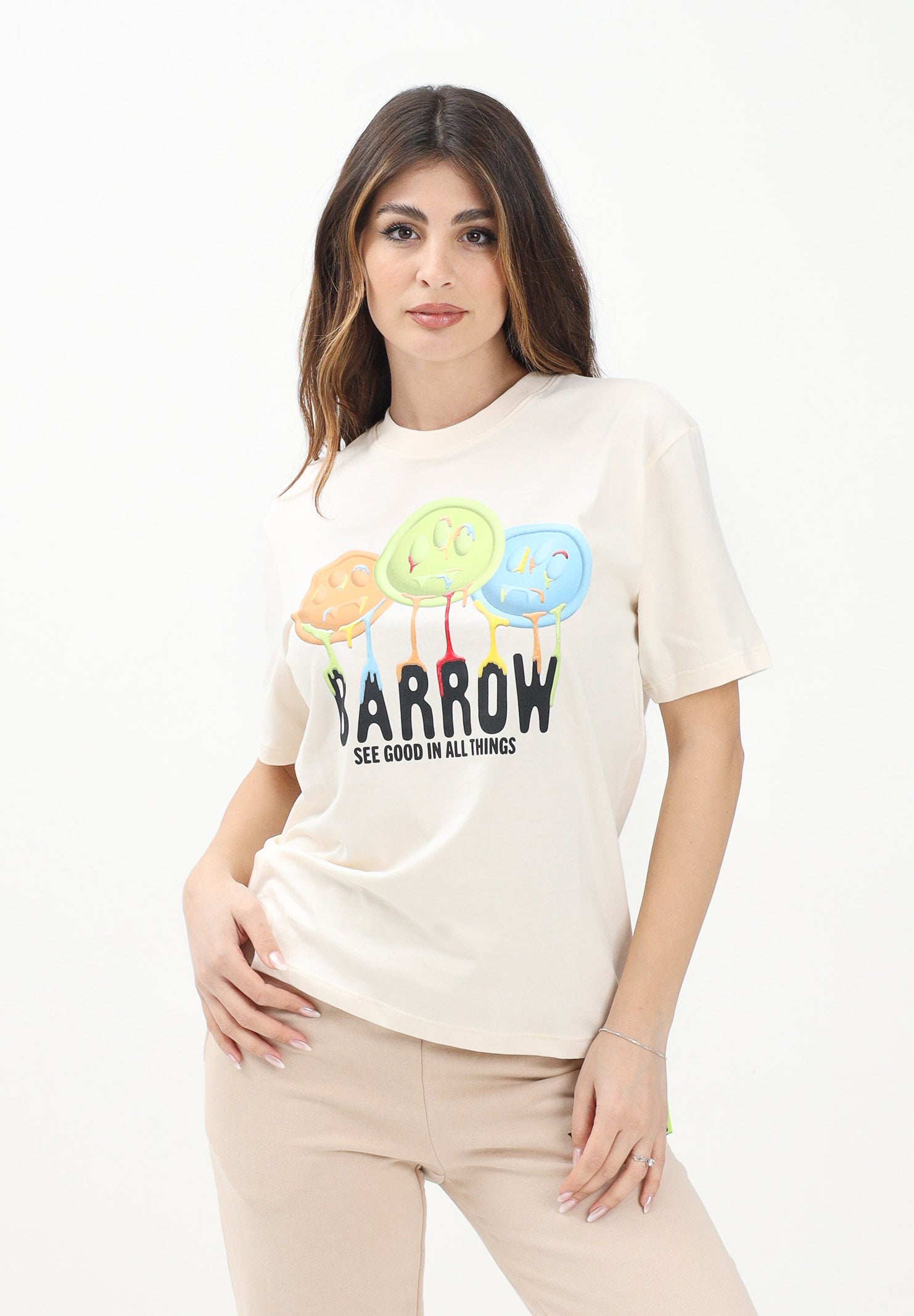 BARROW T-shirt a manica corta beige per donna, ragazzi e bambini con stampa S5BKJUTH068 013 BARROW 