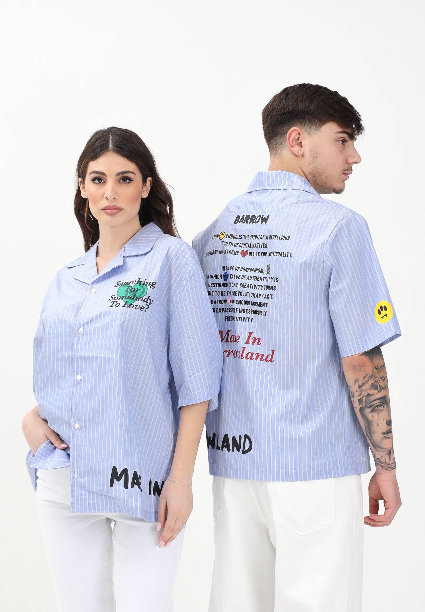 BARROW Camicia a manica corta azzurra per uomo e donna con stampe e motivo a righe S5BWUASI061 BW035 BARROW 
