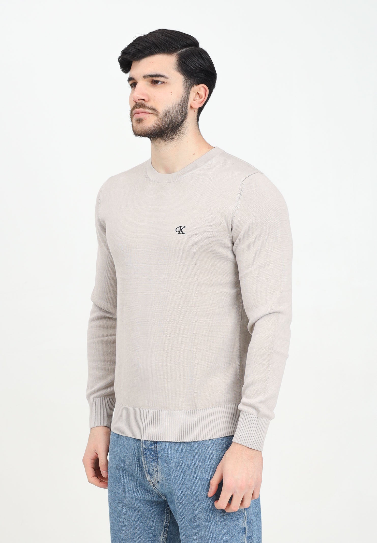 Maglioncino girocollo beige da uomo con logo J30J326745 PAN CALVIN KLEIN JEANS 