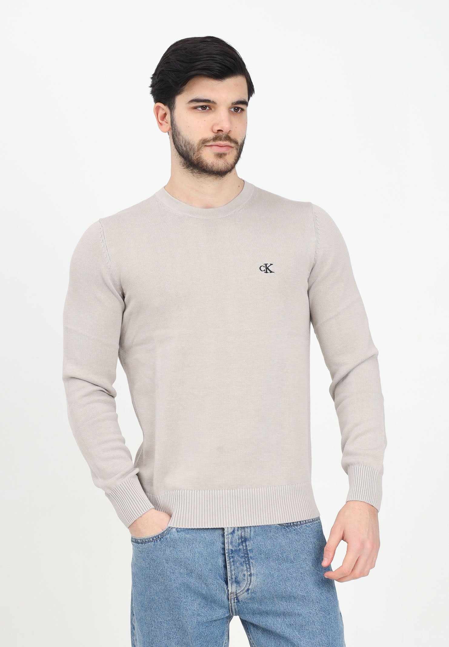 Maglioncino girocollo beige da uomo con logo J30J326745 PAN CALVIN KLEIN JEANS 