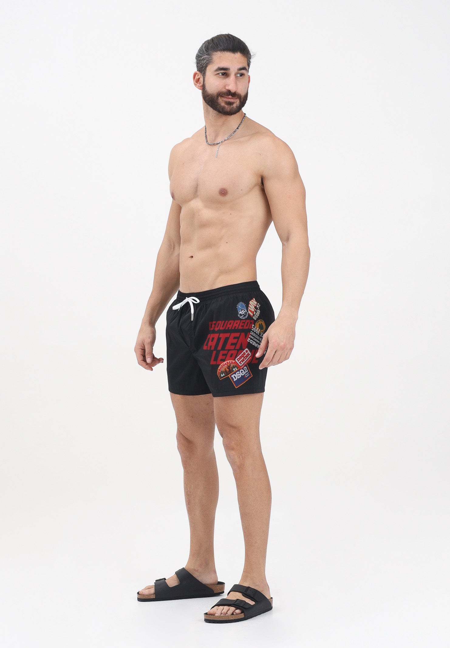 DSQUARED2 Shorts mare nero da uomo con maxi stampa D7B8P6080 001 DSQUARED2 