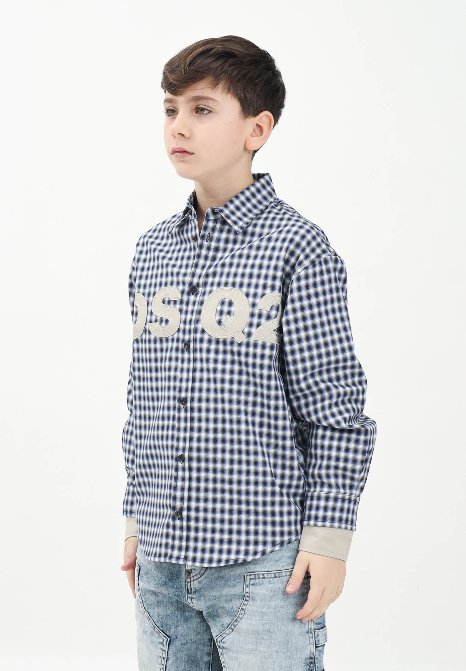 Camicia a manica lunga a quadretti blu e bianchi per donna, ragazzi e bambini con ricamo logo DQ2724D0ABP DQ870 DSQUARED2 