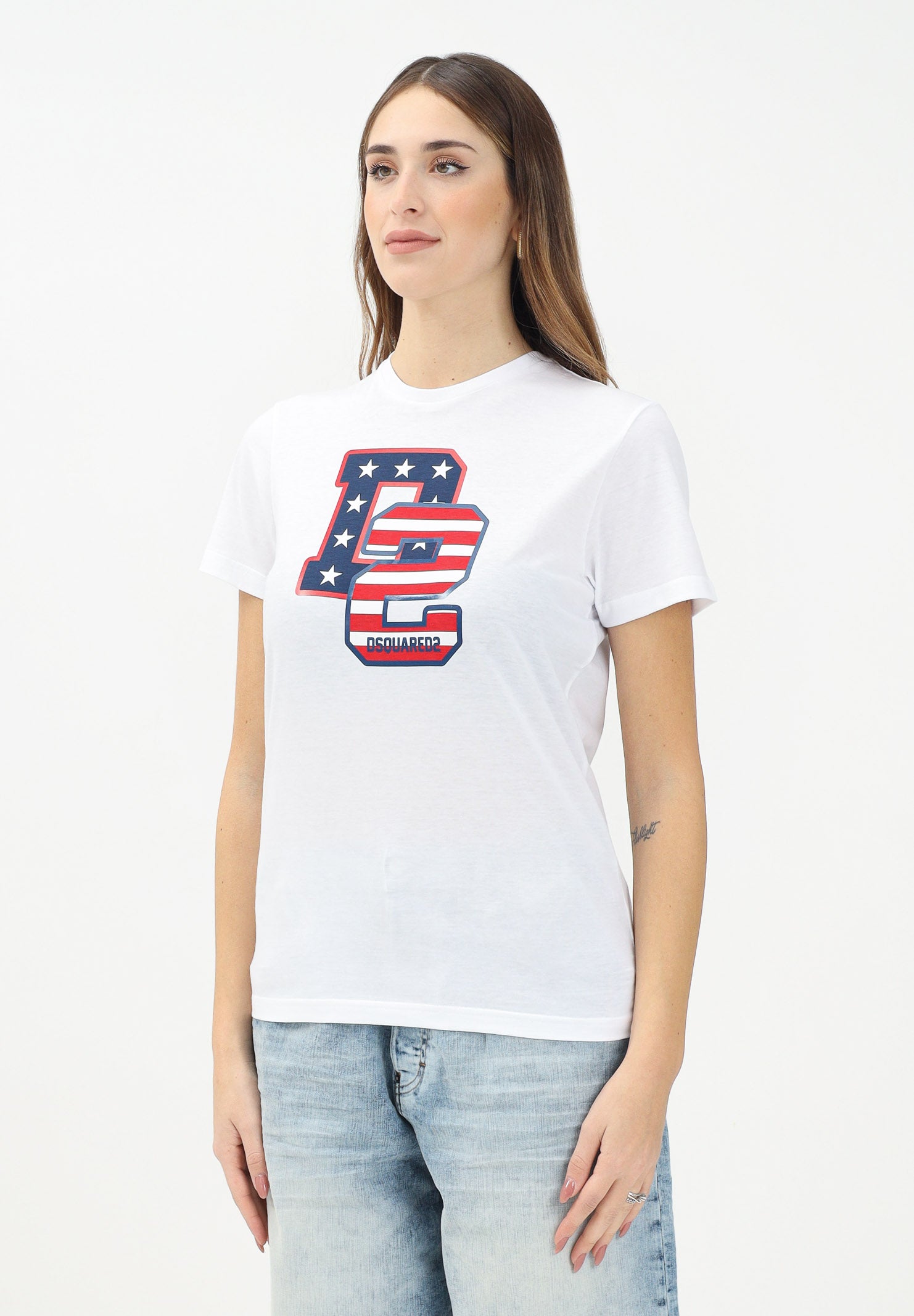 DSQUARED2 T-shirt a manica corta bianca per donna, ragazzi e bambini con stampa in stile college D2 USA DQ2737D004G DQ100 DSQUARED2 