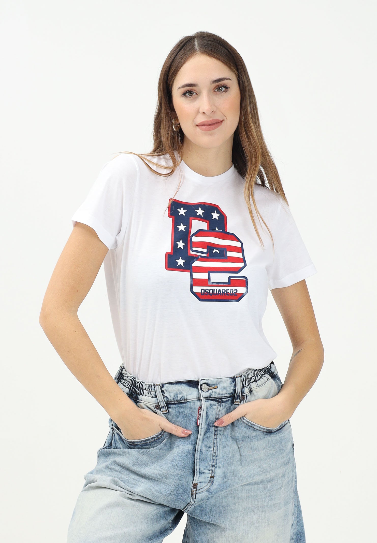 DSQUARED2 T-shirt a manica corta bianca per donna, ragazzi e bambini con stampa in stile college D2 USA DQ2737D004G DQ100 DSQUARED2 
