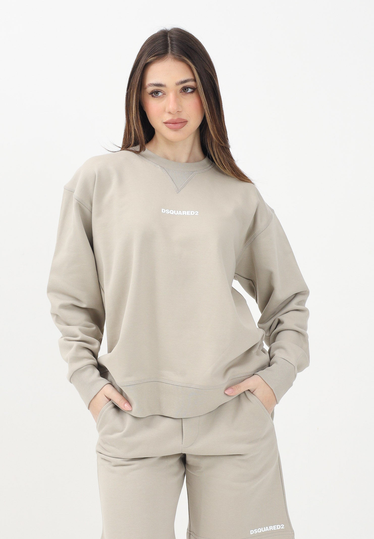 DSQUARED2 Felpa girocollo beige per donna, ragazzi e bambini con stampa logo DQ2739D0094 DQ717 DSQUARED2 