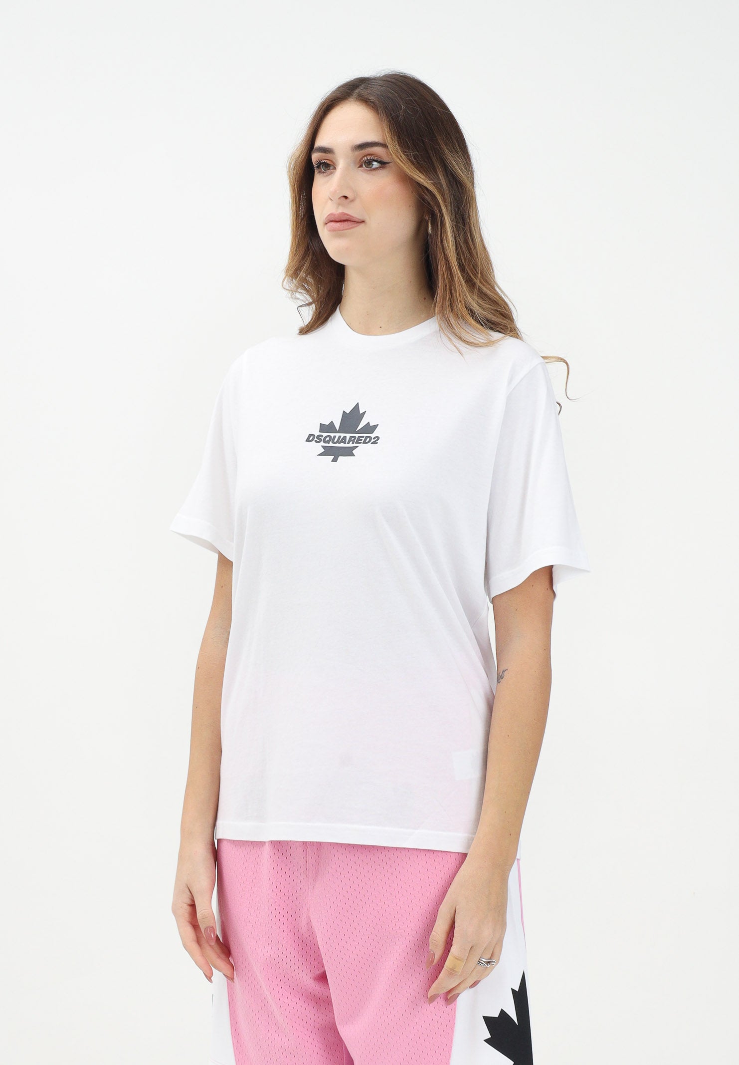 DSQUARED2 T-shirt a manica corta bianca per donna, ragazzi e bambini con stampa logo su foglia d'acero DQ2743D0AC7 DQ100 DSQUARED2 