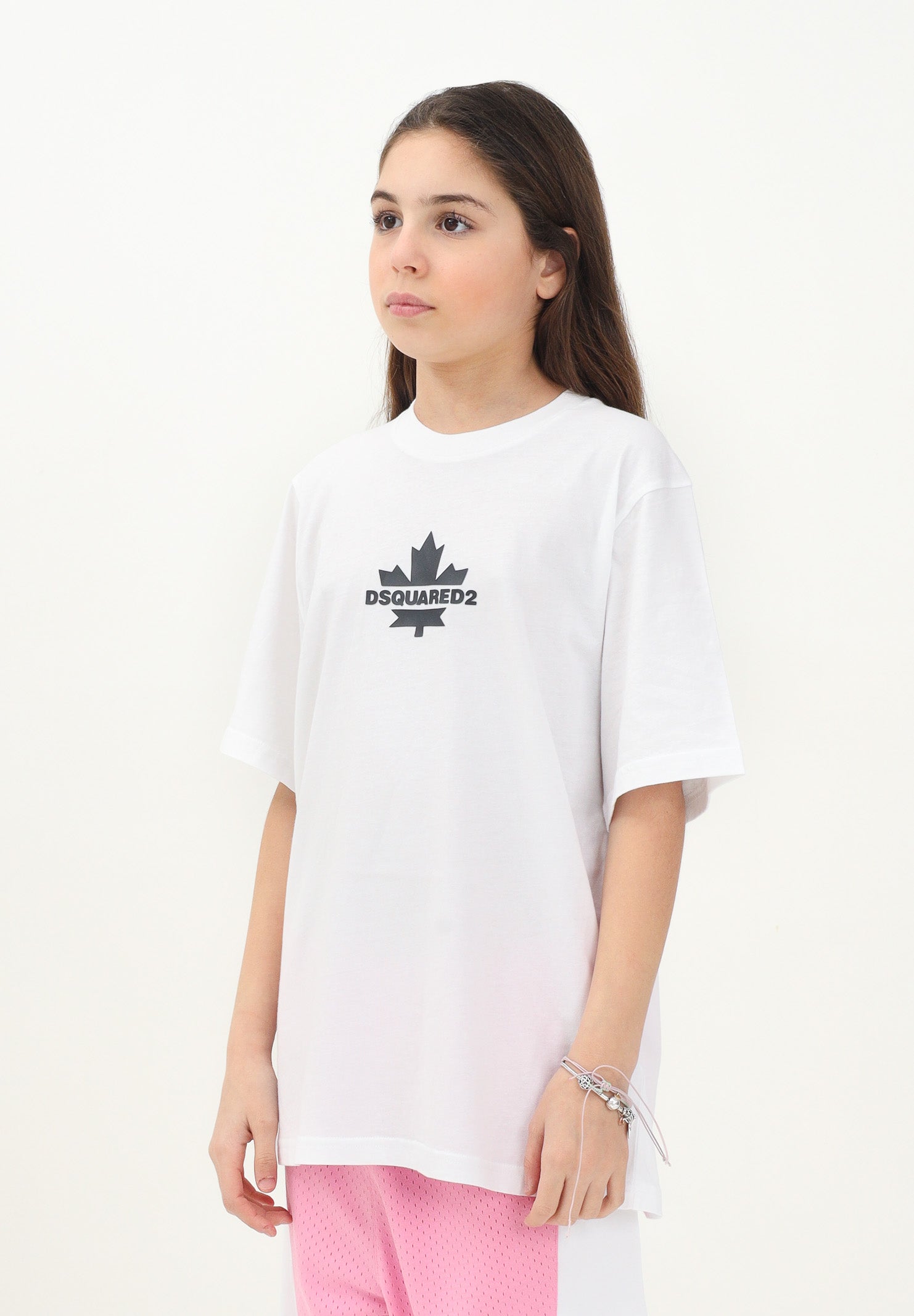 DSQUARED2 T-shirt a manica corta bianca per donna, ragazzi e bambini con stampa logo su foglia d'acero DQ2743D0AC7 DQ100 DSQUARED2 
