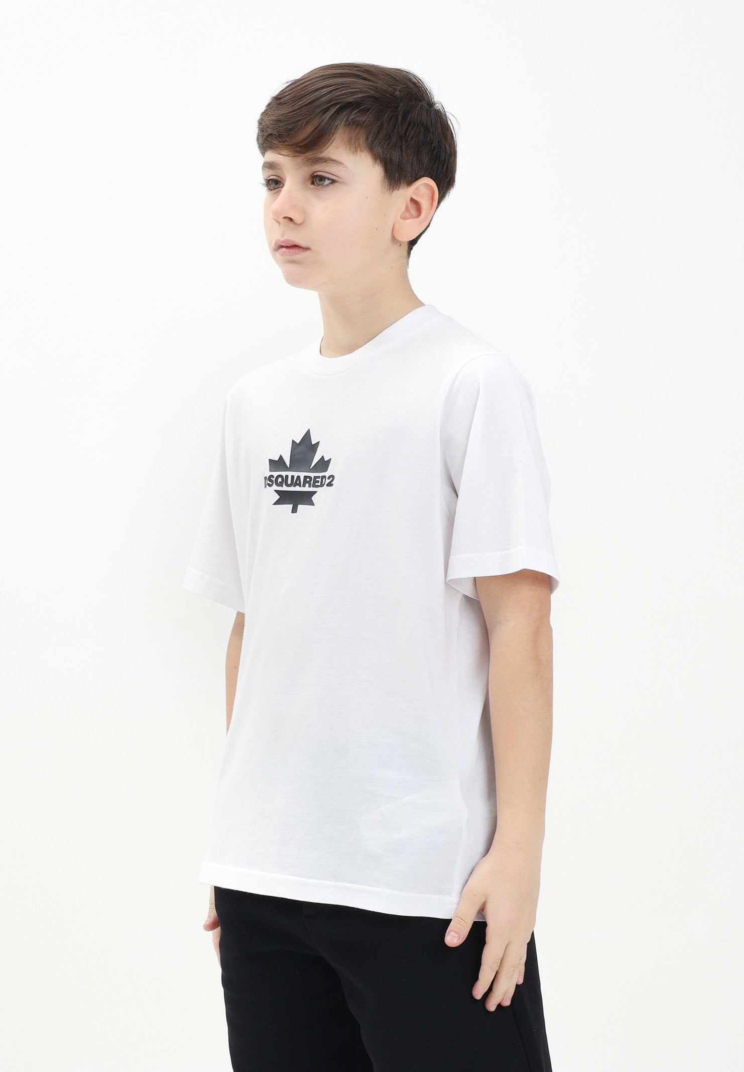 DSQUARED2 T-shirt a manica corta bianca per donna, ragazzi e bambini con stampa logo su foglia d'acero DQ2743D0AC7 DQ100 DSQUARED2 