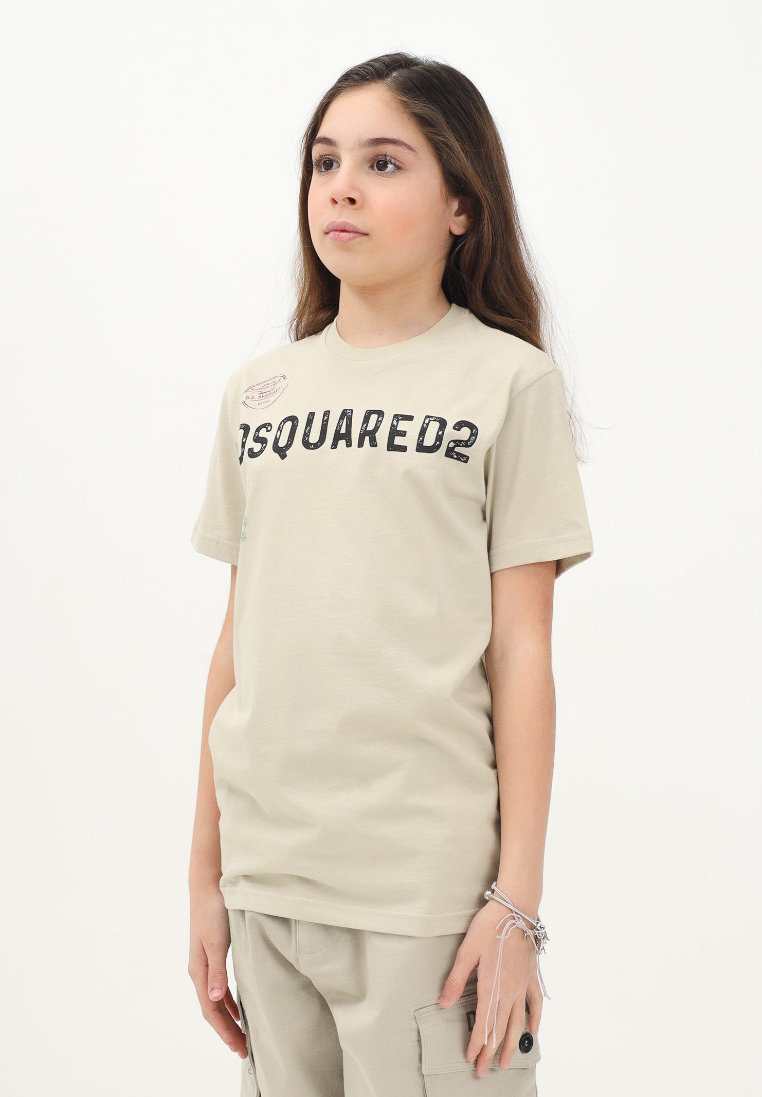 DSQUARED2 T-shirt a manica corta beige per donna, ragazzi e bambini con grafica Passport DQ2753D0015 DQ717 DSQUARED2 