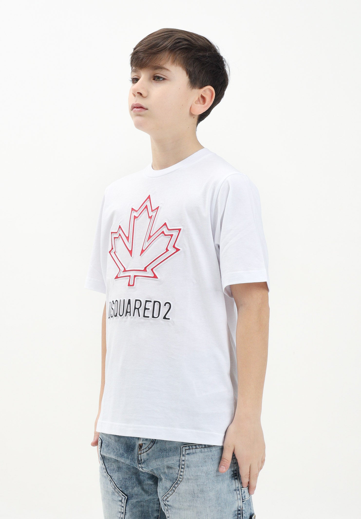 DSQUARED2 T-shirt a manica corta bianca per donna, ragazzi e bambini con logo Maple Leaf DQ2770D0015 DQ100 DSQUARED2 