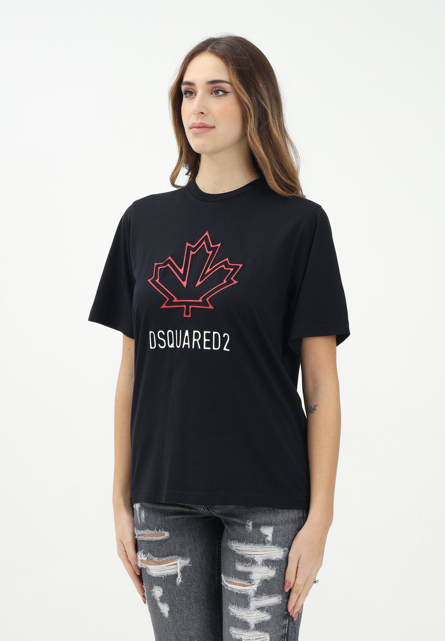 DSQUARED2 T-shirt a manica corta nera per donna, ragazzi e bambini con logo Maple Leaf DQ2770D0015 DQ900 DSQUARED2 