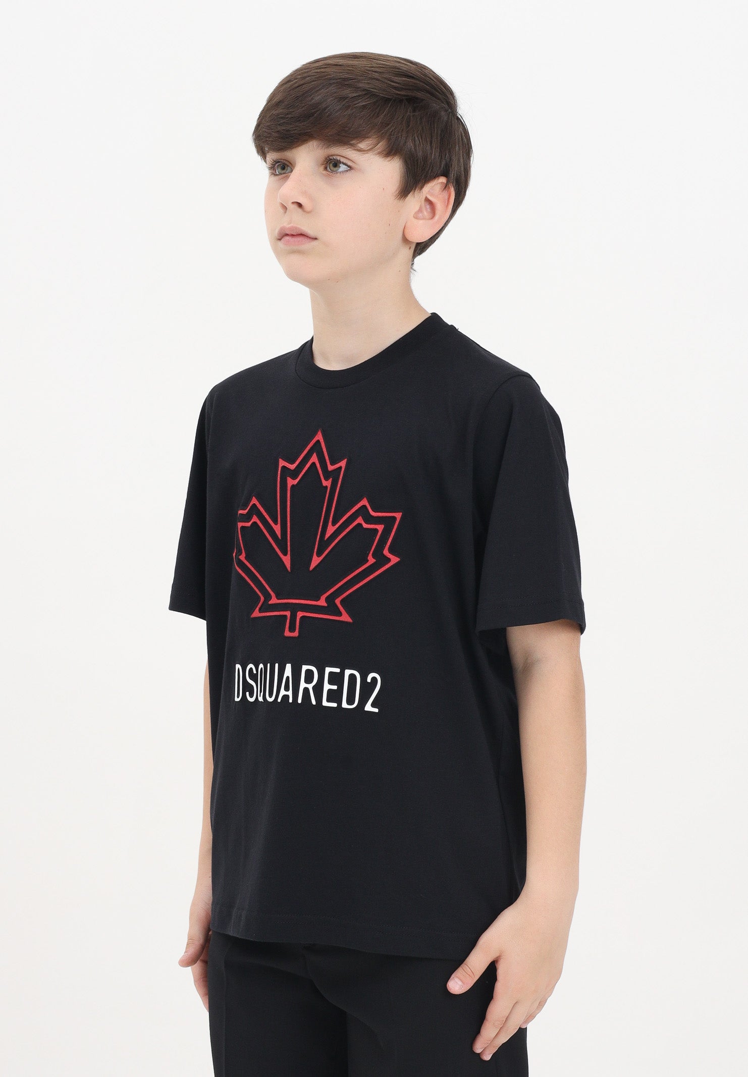 DSQUARED2 T-shirt a manica corta nera per donna, ragazzi e bambini con logo Maple Leaf DQ2770D0015 DQ900 DSQUARED2 