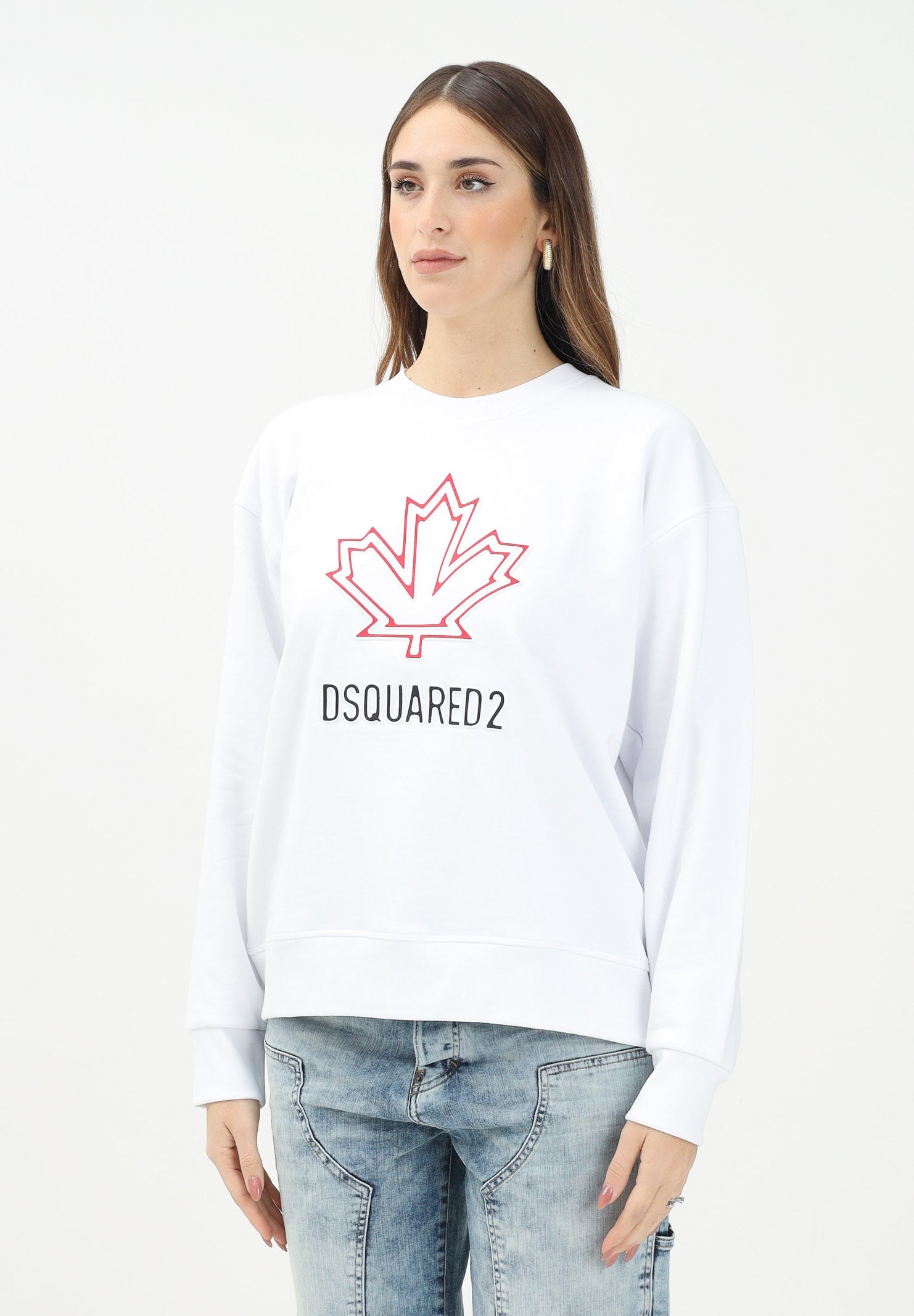 DSQUARED2 Felpa girocollo bianca per donna, ragazzi e bambini con foglia d'acero e logo DQ2786D0A9U DQ100 DSQUARED2 
