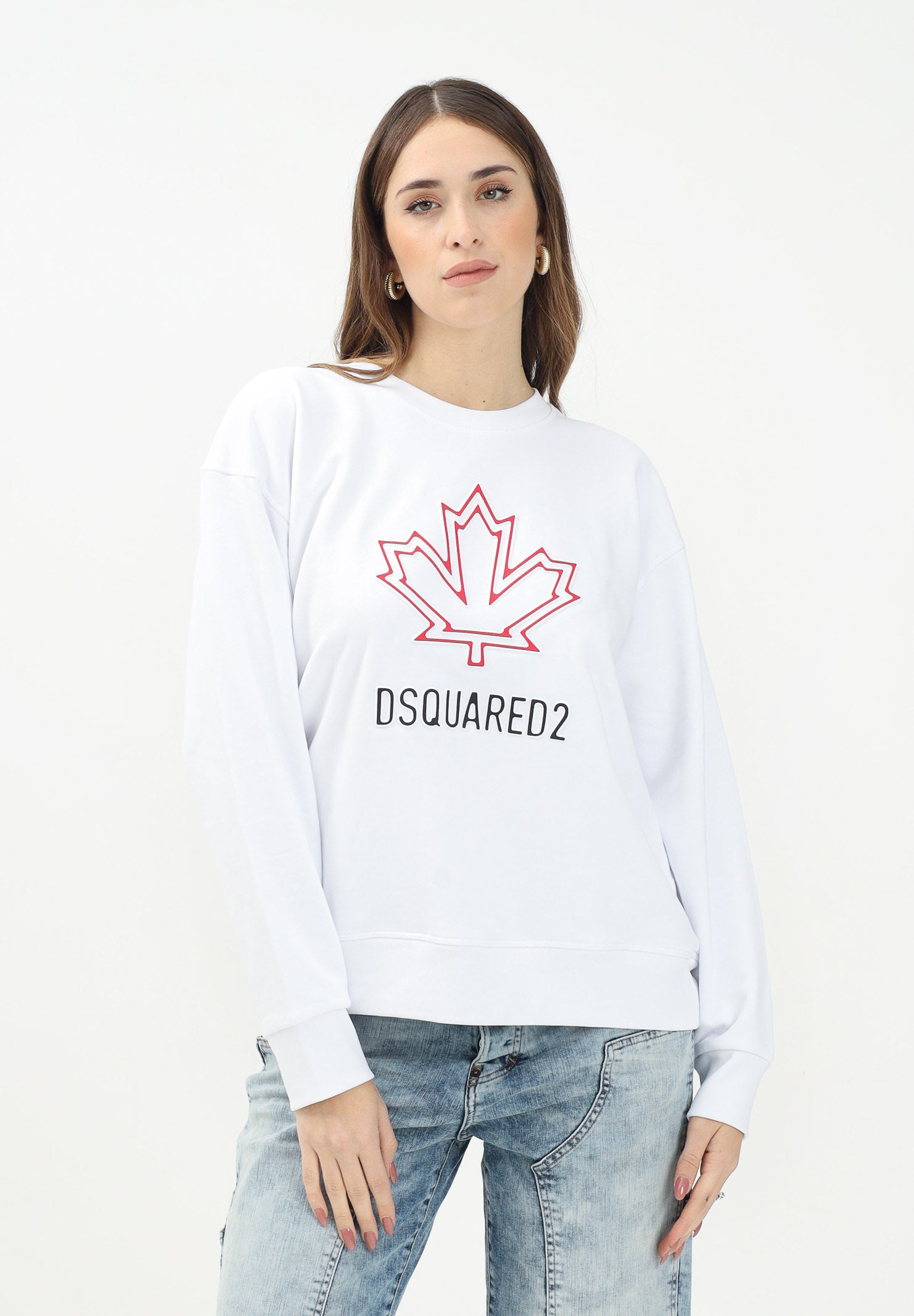 DSQUARED2 Felpa girocollo bianca per donna, ragazzi e bambini con foglia d'acero e logo DQ2786D0A9U DQ100 DSQUARED2 