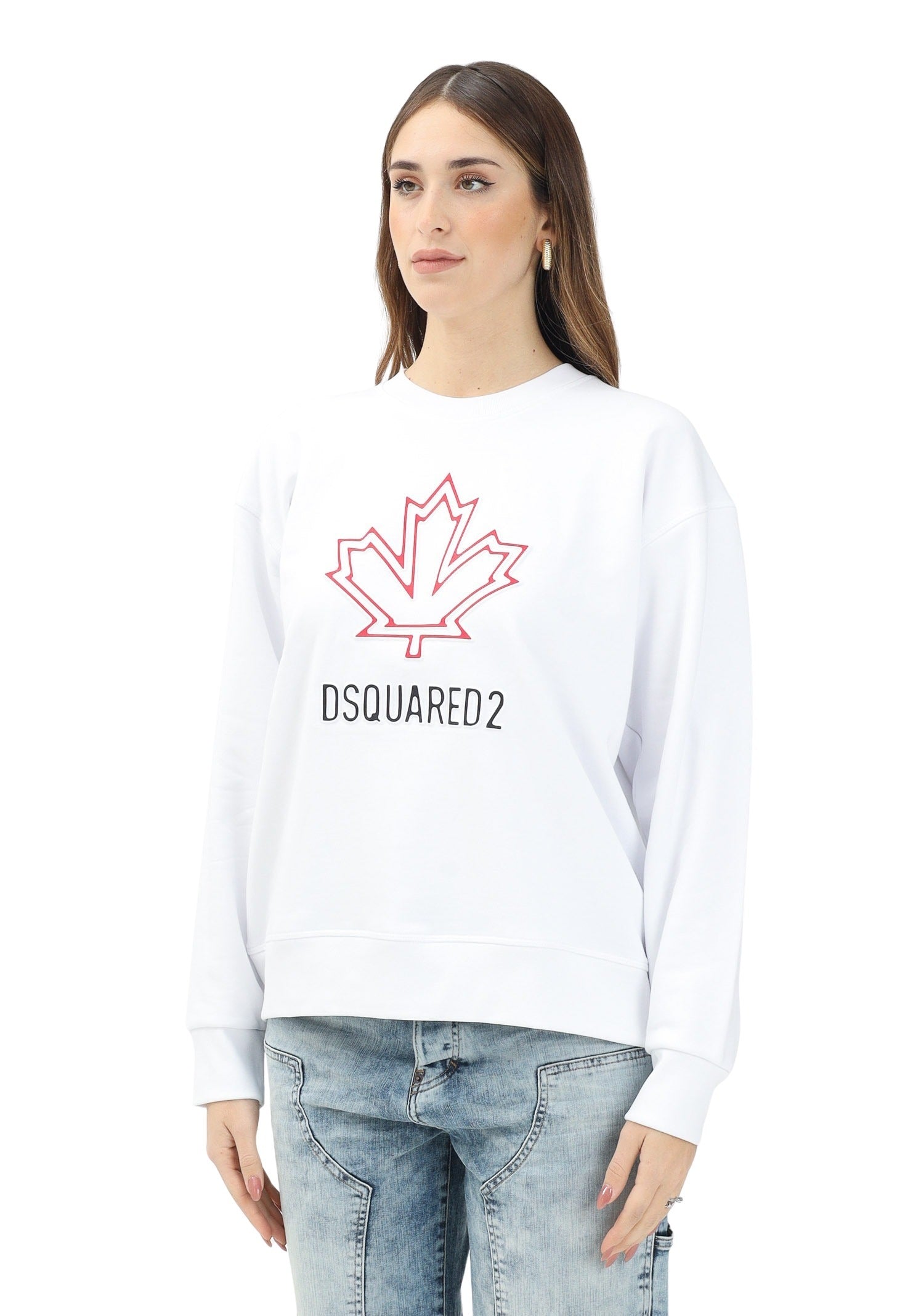 DSQUARED2 Felpa girocollo bianca per donna, ragazzi e bambini con foglia d'acero e logo DQ2786D0A9U DQ100 DSQUARED2 