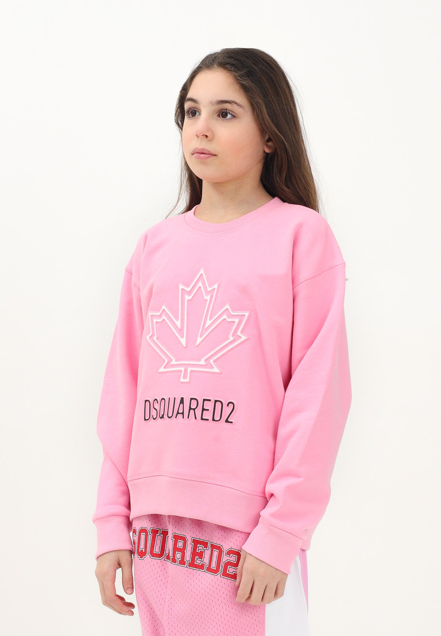 DSQUARED2 Felpa girocollo rosa per donna e bambina con foglia d'acero e logo DQ2786D0A9U DQ321 DSQUARED2 