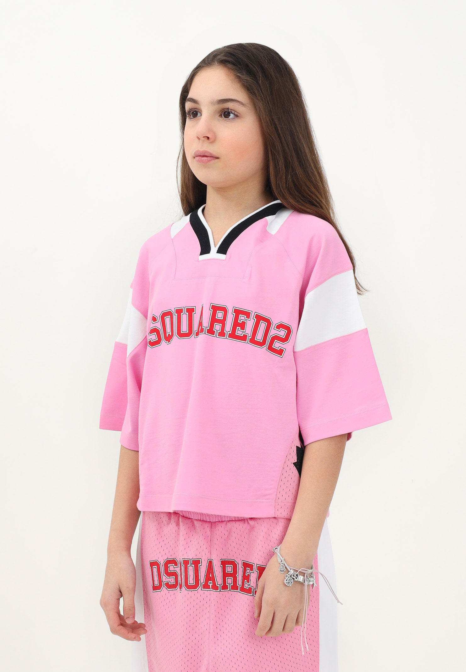 DSQUARED2 T-shirt a manica corta rosa per donna e bambina con marchio stile basket DQ2824D0AC4 DQ321 DSQUARED2 