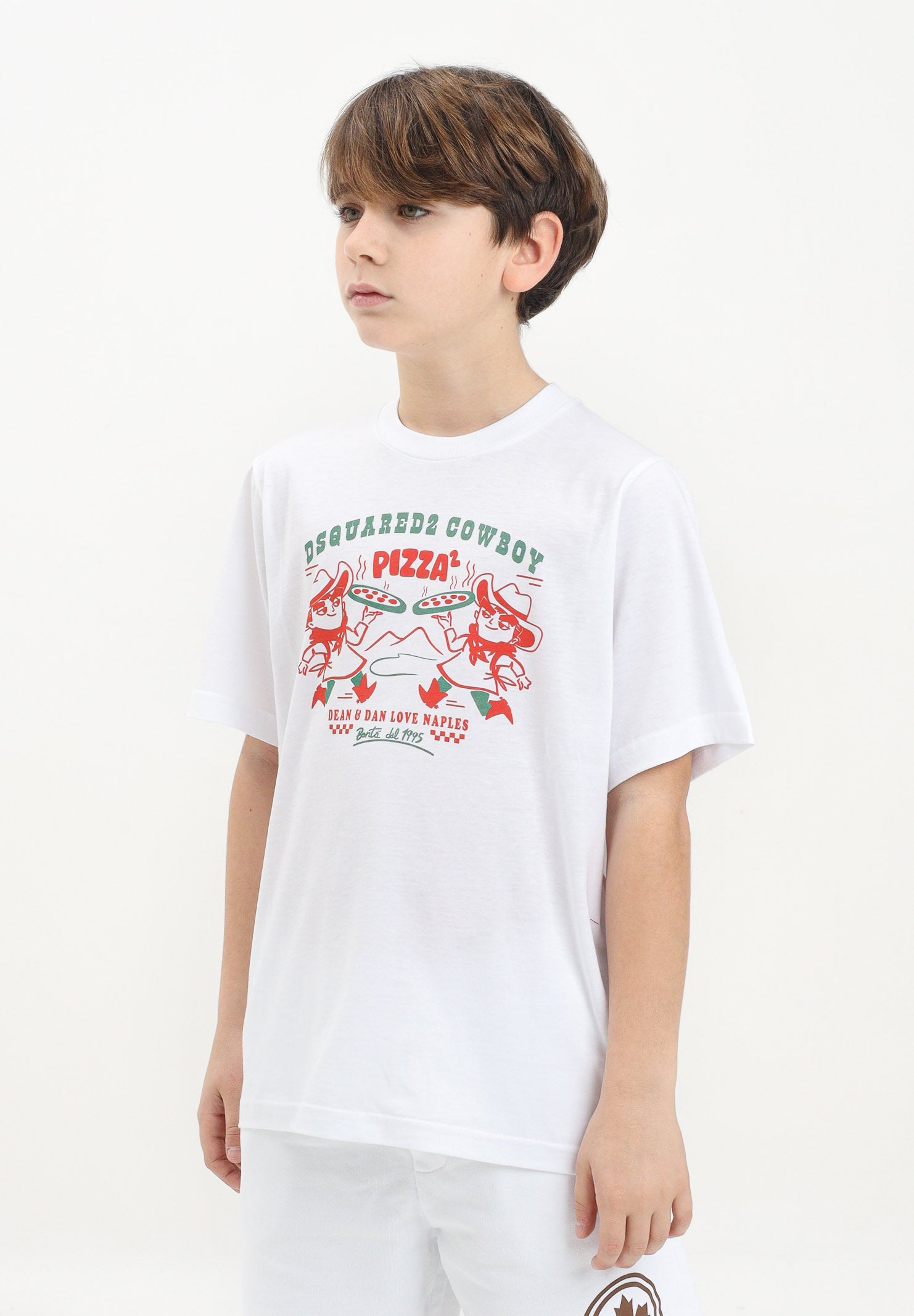 DSQUARED2 T-shirt a manica corta bianca per donna, ragazzi e bambini con grafica originale "Cowboy Pizza" DQ2975D004G DQ100 DSQUARED2 