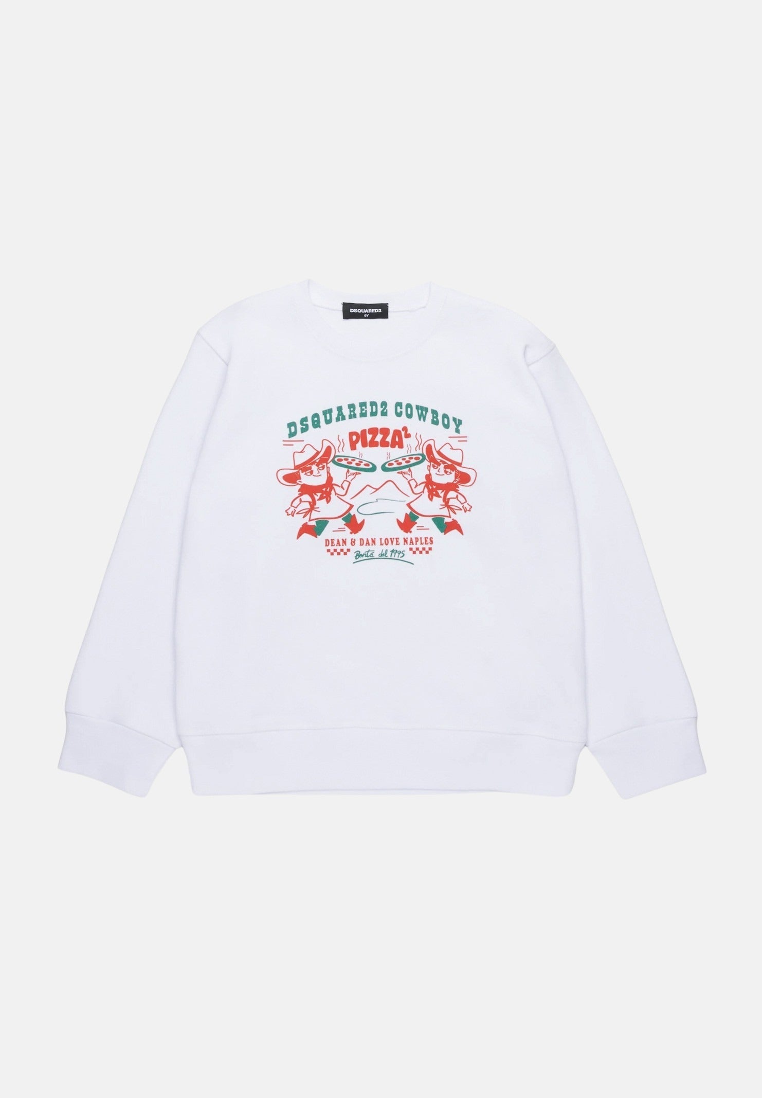 Felpa girocollo bianca per bambino e bambina con grafica Cowboy Pizza DQ2977D0094-B DQ100 DSQUARED2 