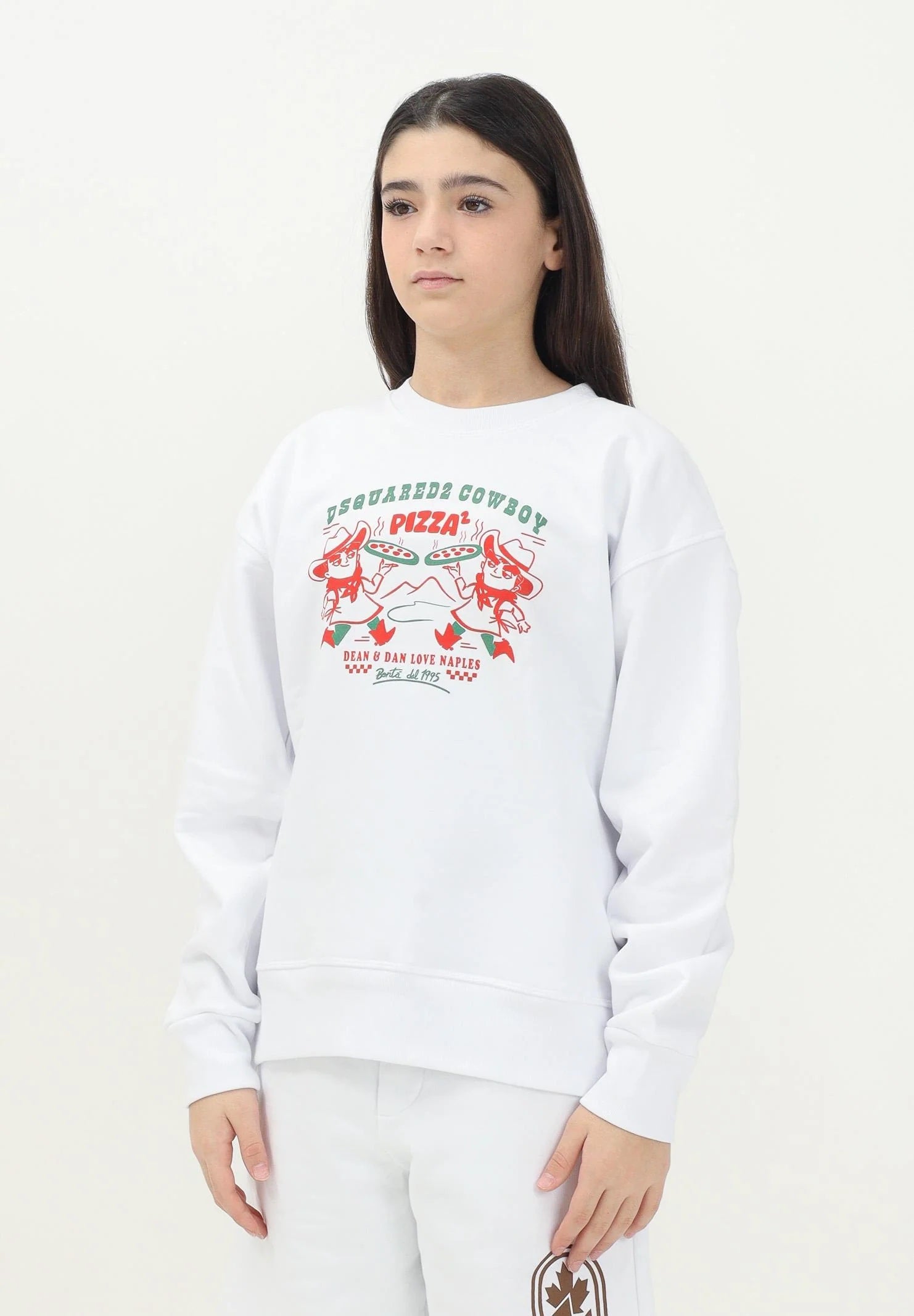 DSQUARED2 Felpa girocollo bianca per donna, ragazzi e bambini con grafica Cowboy Pizza DQ2977D0094 DQ100 DSQUARED2 