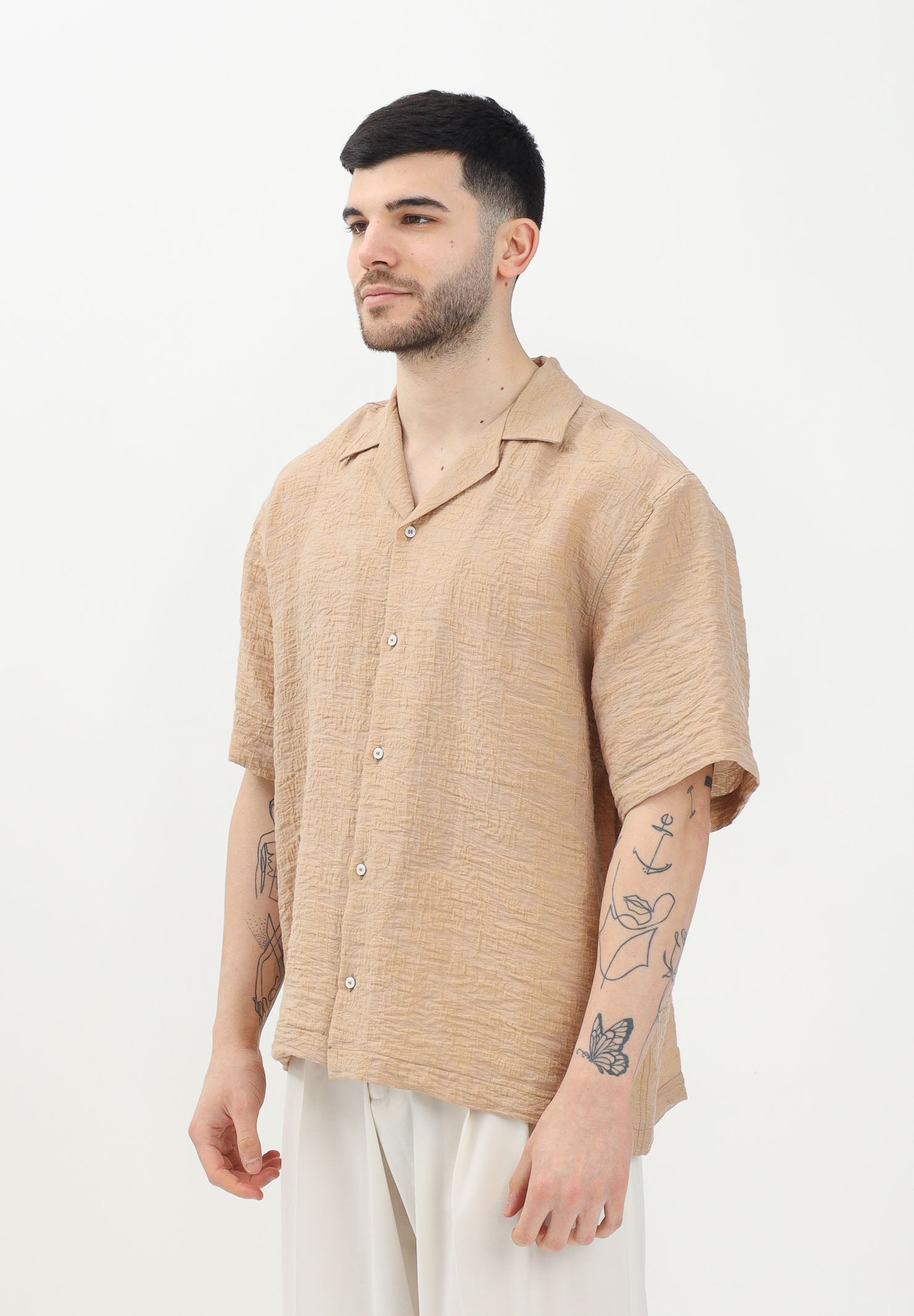 Camicia a manica corta beige da uomo in tessuto leggero e testurizzato CA3302 0025 I'M BRIAN 