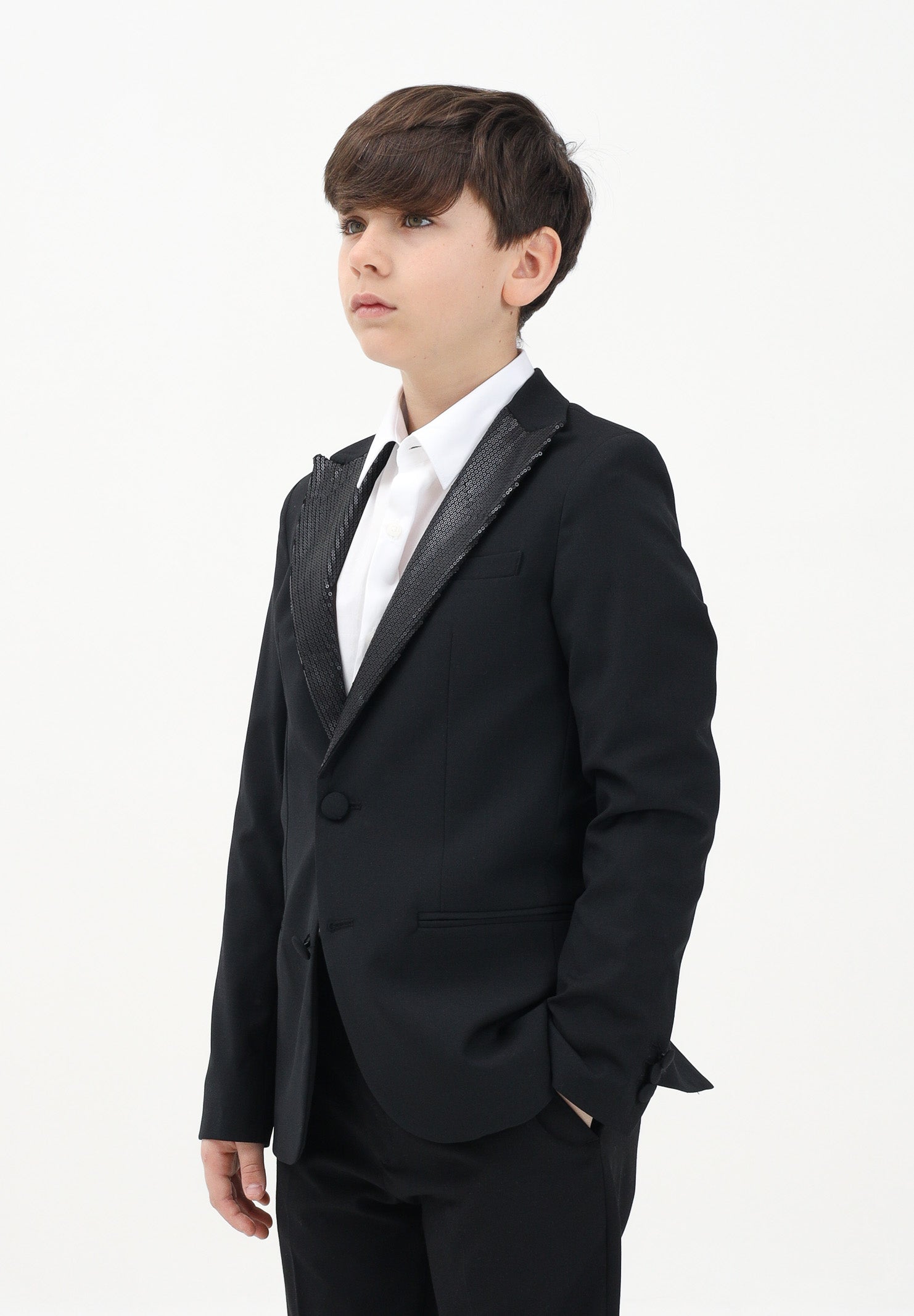 I'M BRIAN Giacca monopetto nera da bambino con rever a lancia rivestito da paillettes GIA3225J 009 I'M BRIAN 