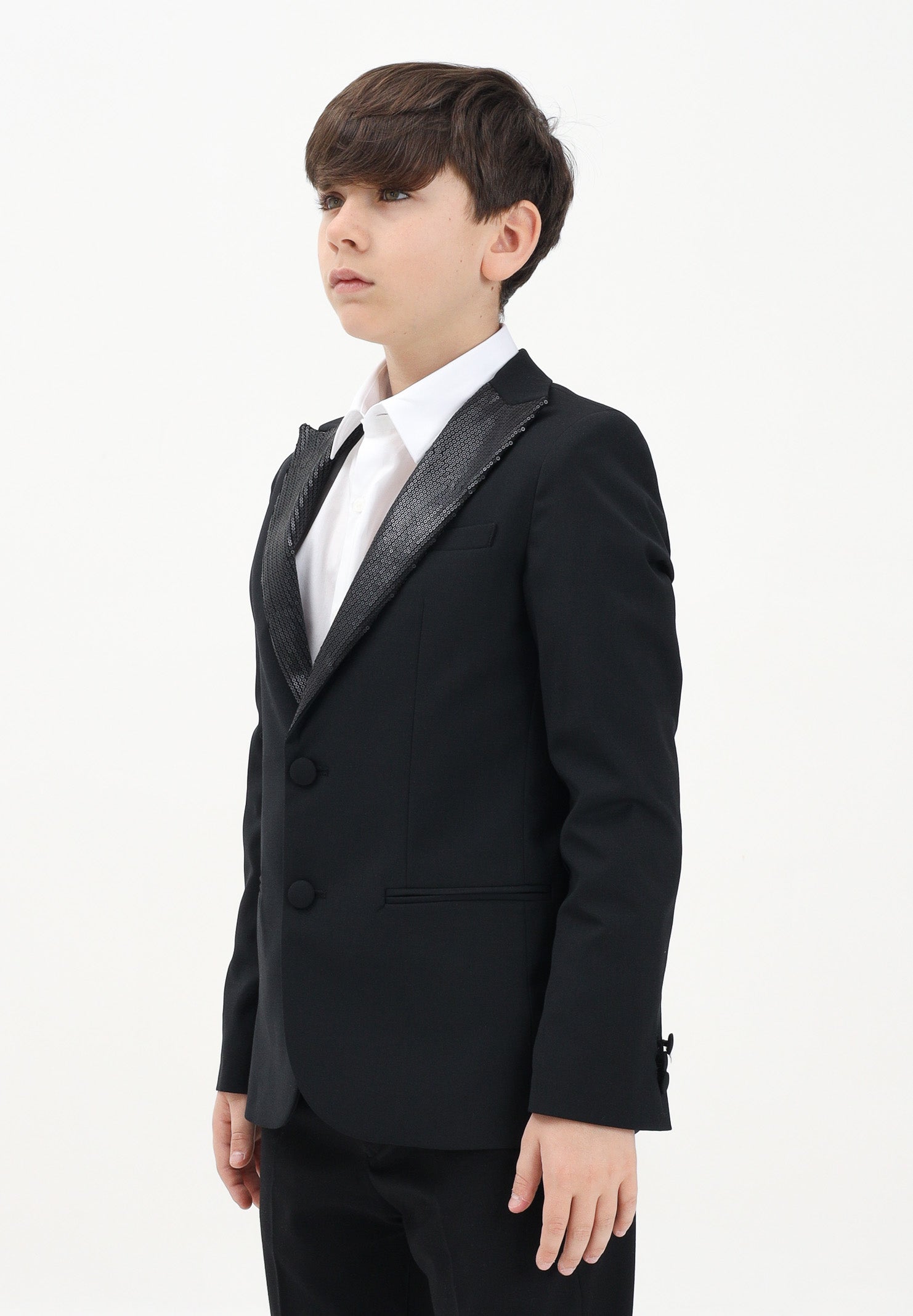 I'M BRIAN Giacca monopetto nera da bambino con rever a lancia rivestito da paillettes GIA3225J 009 I'M BRIAN 