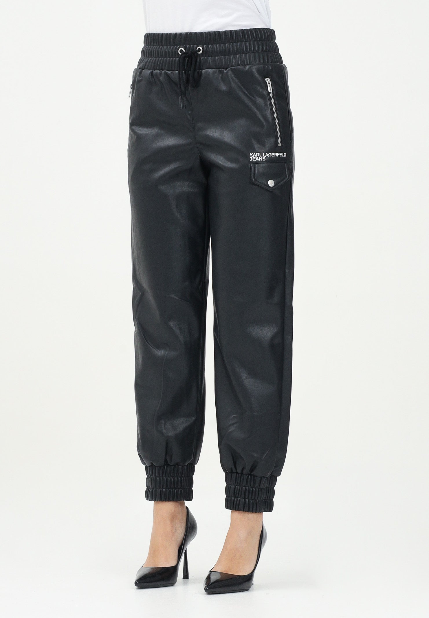 KARL LAGERFERLD Pantalone casual in ecopelle nera da donna con logo KLA1W10059 999 KARL LAGERFELD 