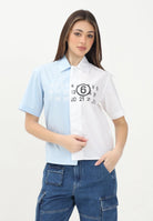 MAISON MARGIELA Camicia a maniche corte bianca e azzurra per donna, ragazzi e bambini con stampa Numbers M60761MM014 M6C29 MAISON MARGIELA 