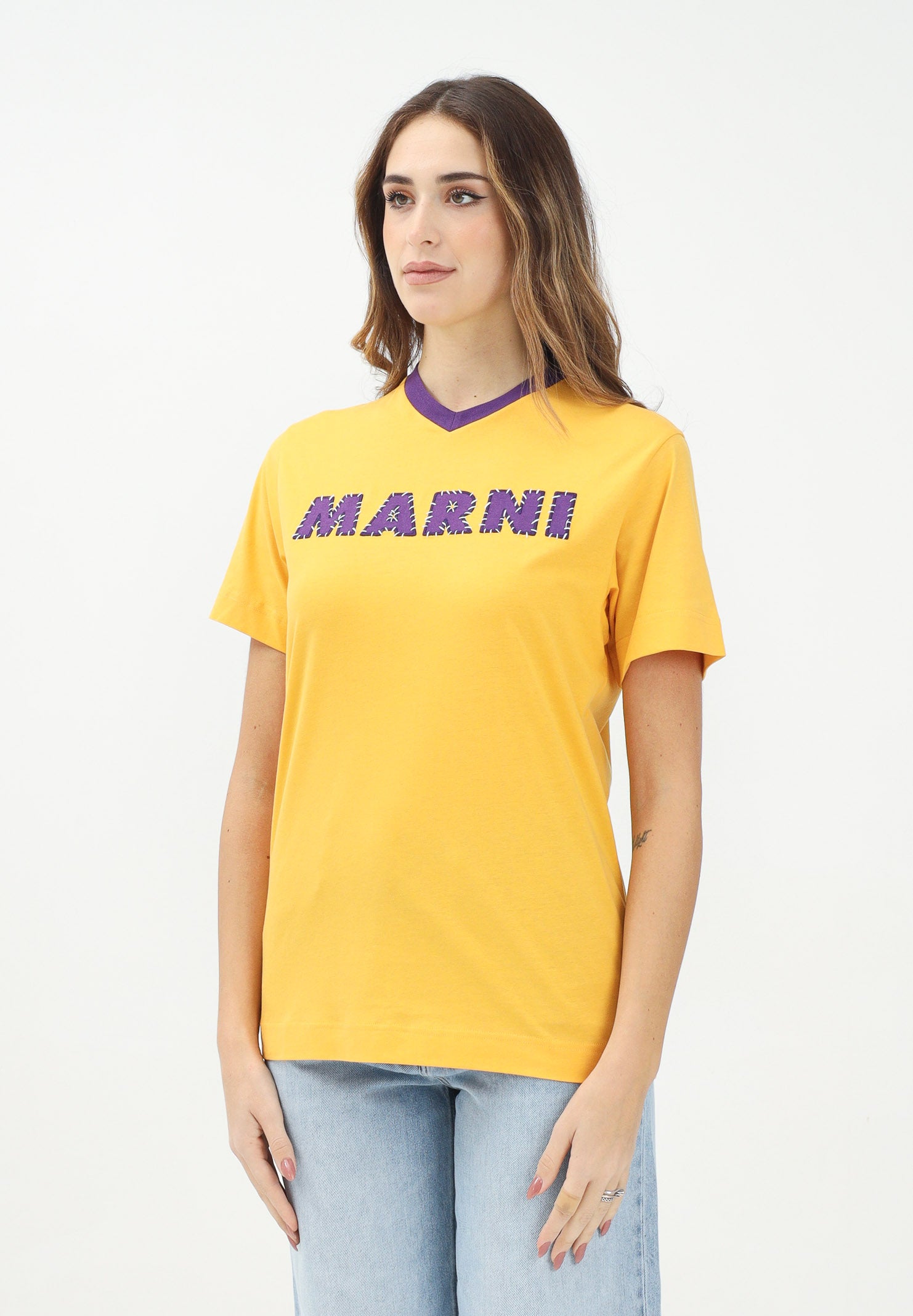MARNI T-shirt a manica corta gialla per donna, ragazzi e bambini con logo a contrasto M01412M00HZ 0M219 MARNI 