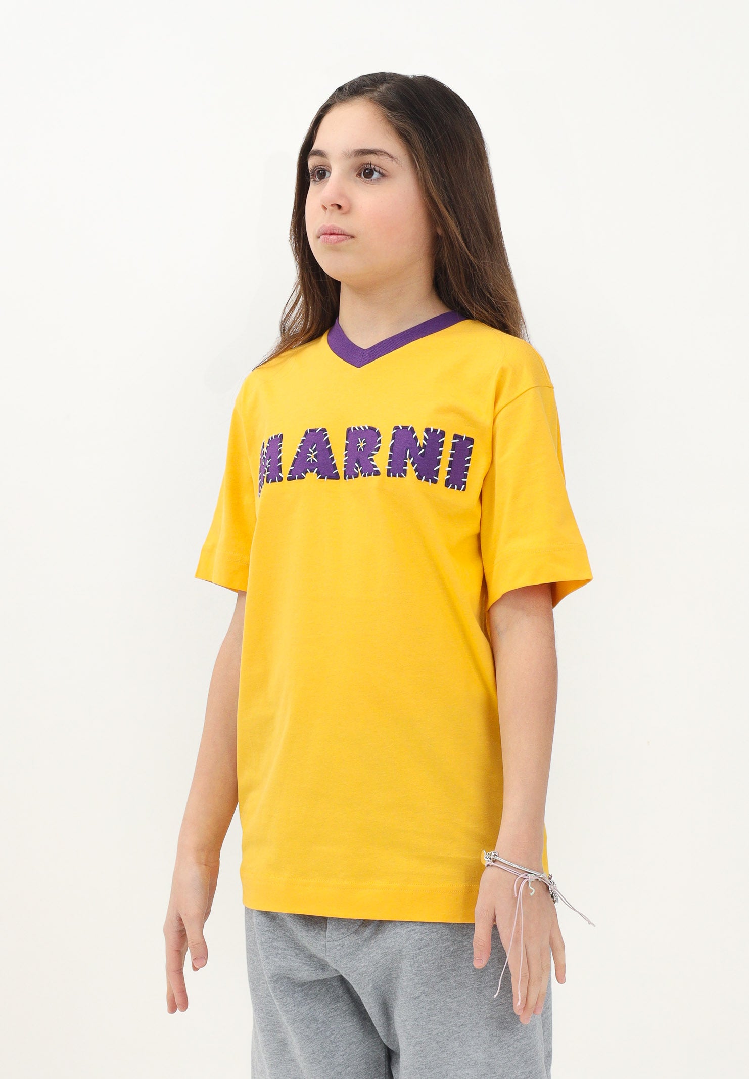 MARNI T-shirt a manica corta gialla per donna, ragazzi e bambini con logo a contrasto M01412M00HZ 0M219 MARNI 