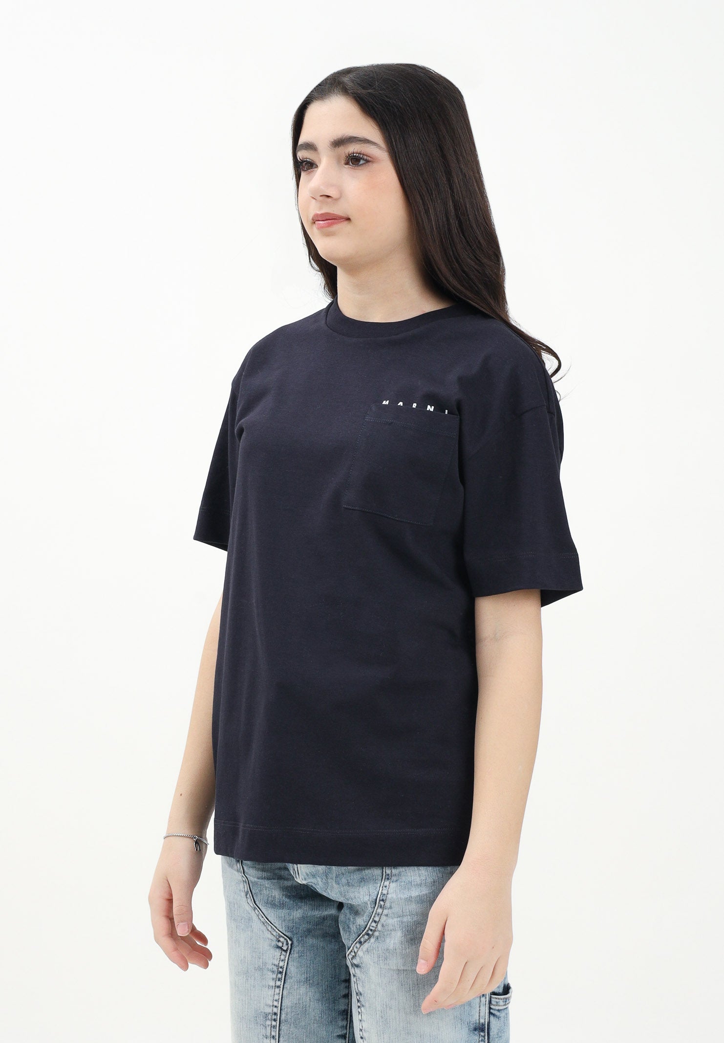 MARNI T-shirt a manica corta blu per donna, ragazzi e bamini con taschino e logo M01415M00RF 0M803 MARNI 