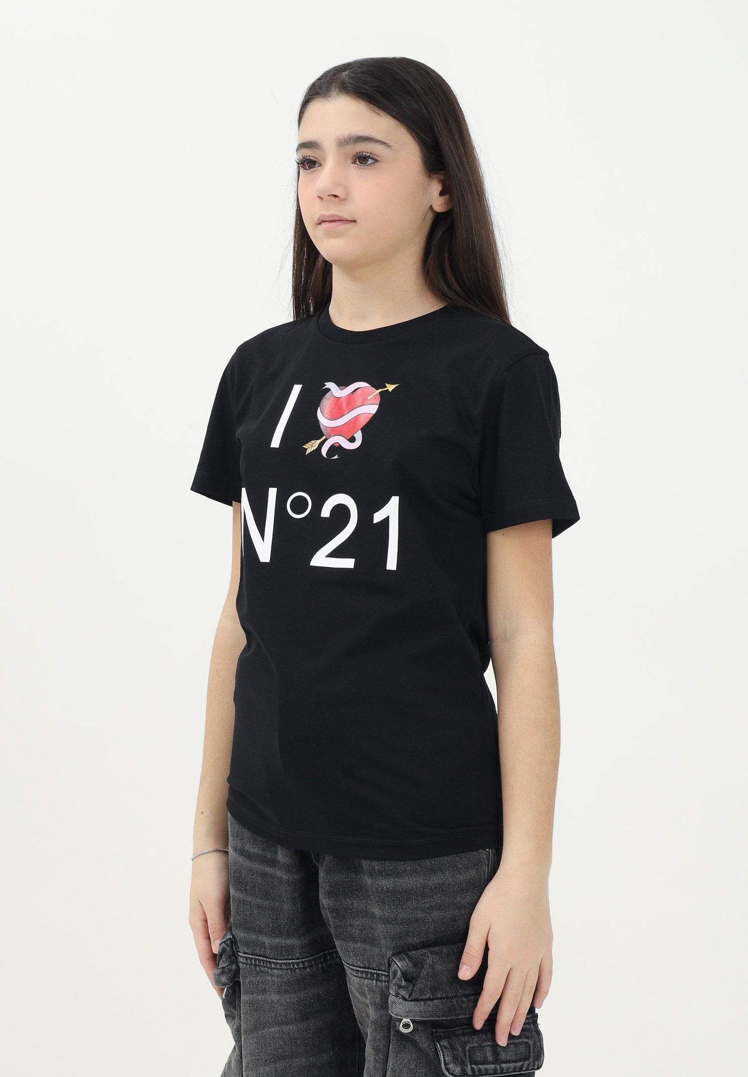N21 T-shirt a manica corta nera per donna, ragazze e bambine con grafica I love N21 N2102CN0153 0N900 N21 