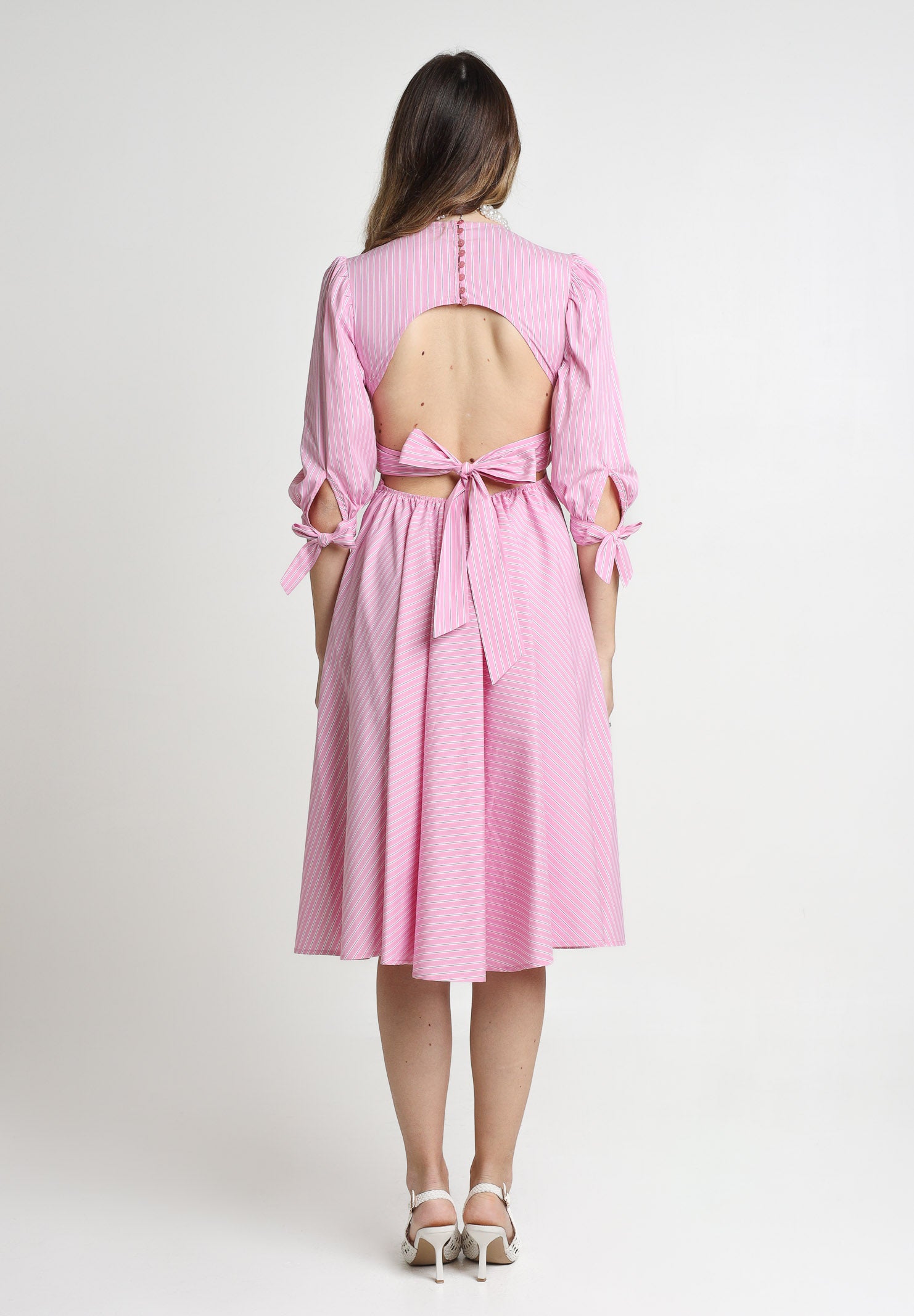 SANTAS Abito midi TIRAMISU' rosa da donna con stampa a righe PV25023 ROSA SANTAS 