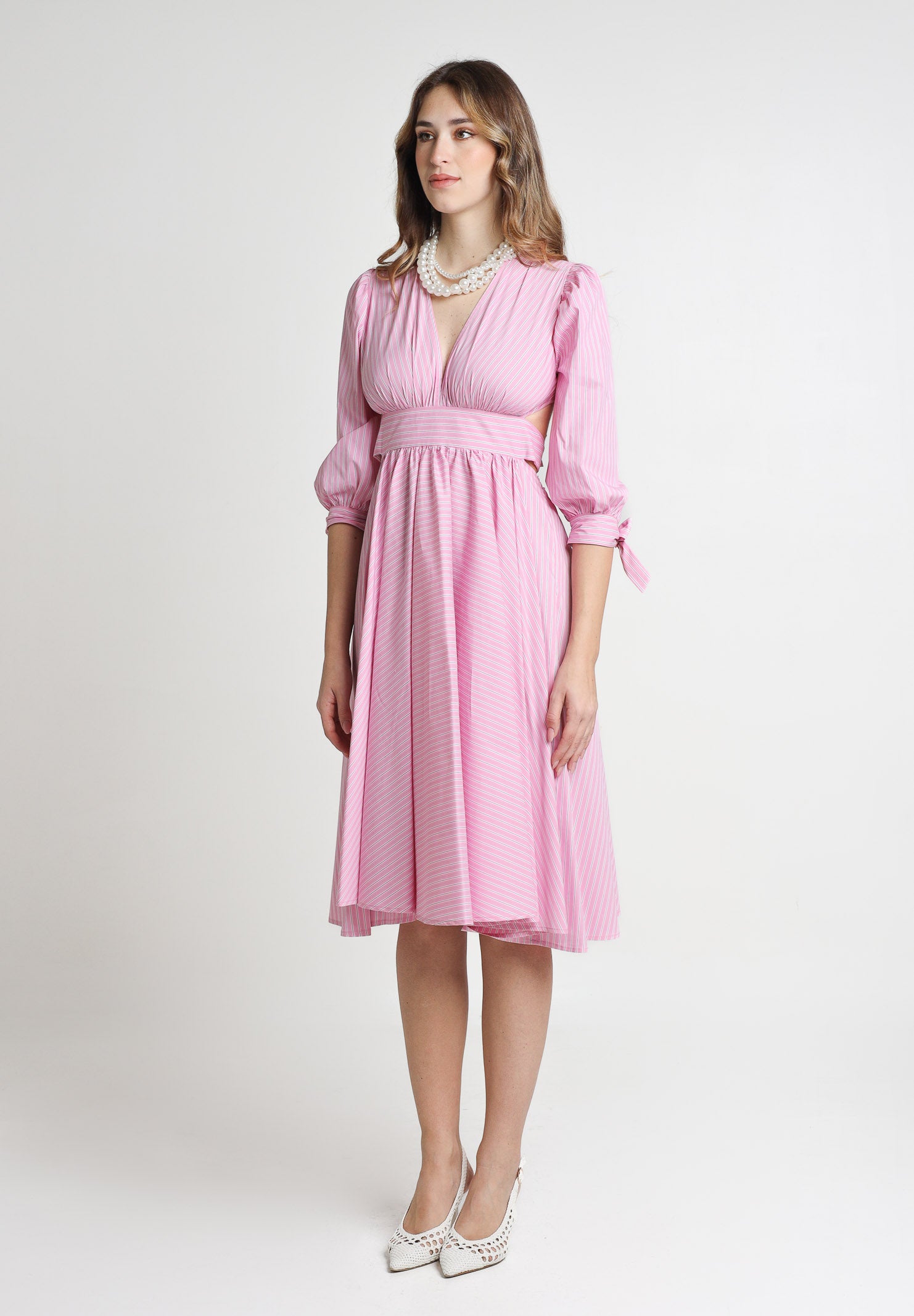 SANTAS Abito midi TIRAMISU' rosa da donna con stampa a righe PV25023 ROSA SANTAS 