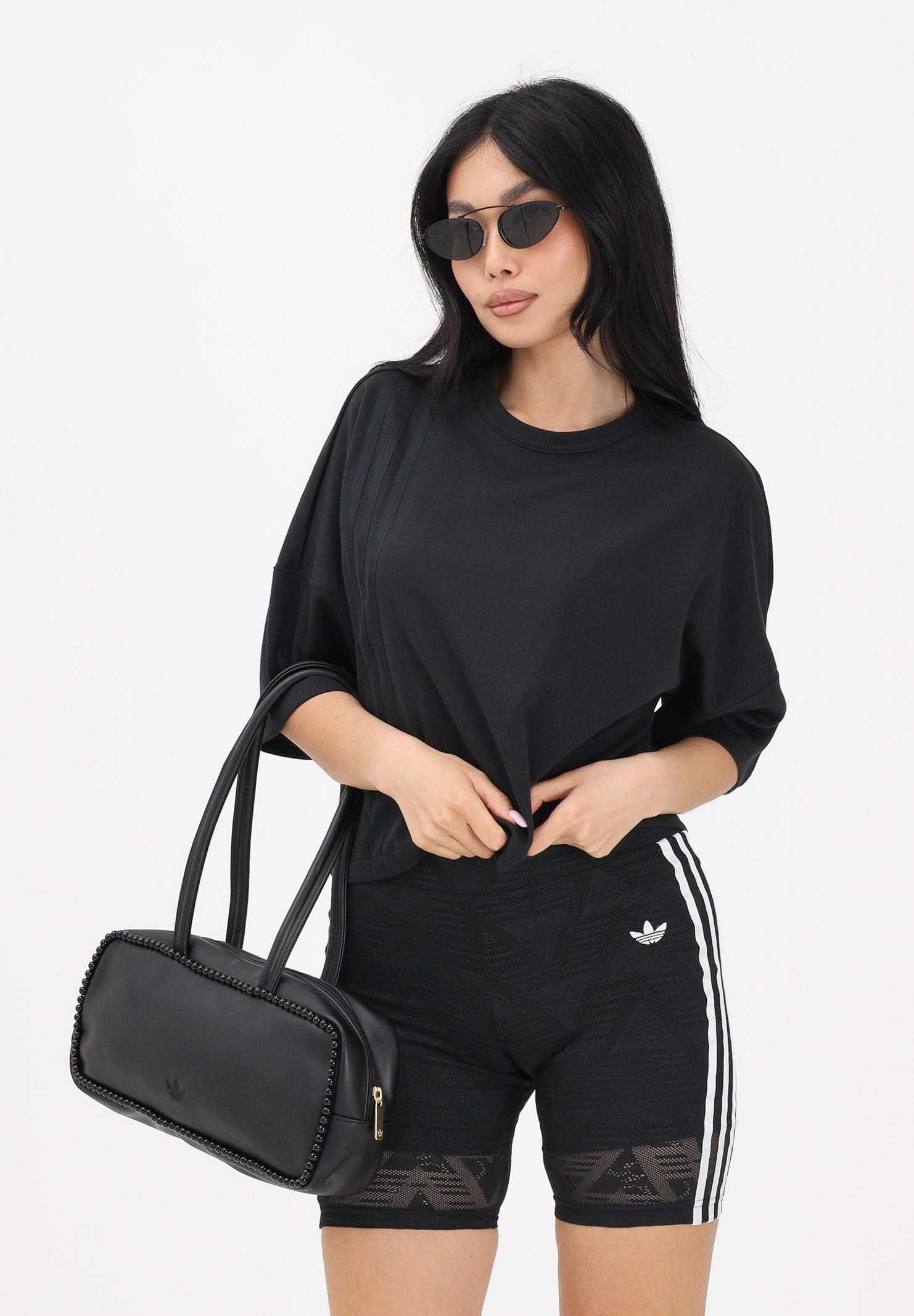 ADIDAS ORIGINALS T-shirt a manica corta Off Placed 3-Stripes nera da donna JX2707 . ADIDAS ORIGINALS 
