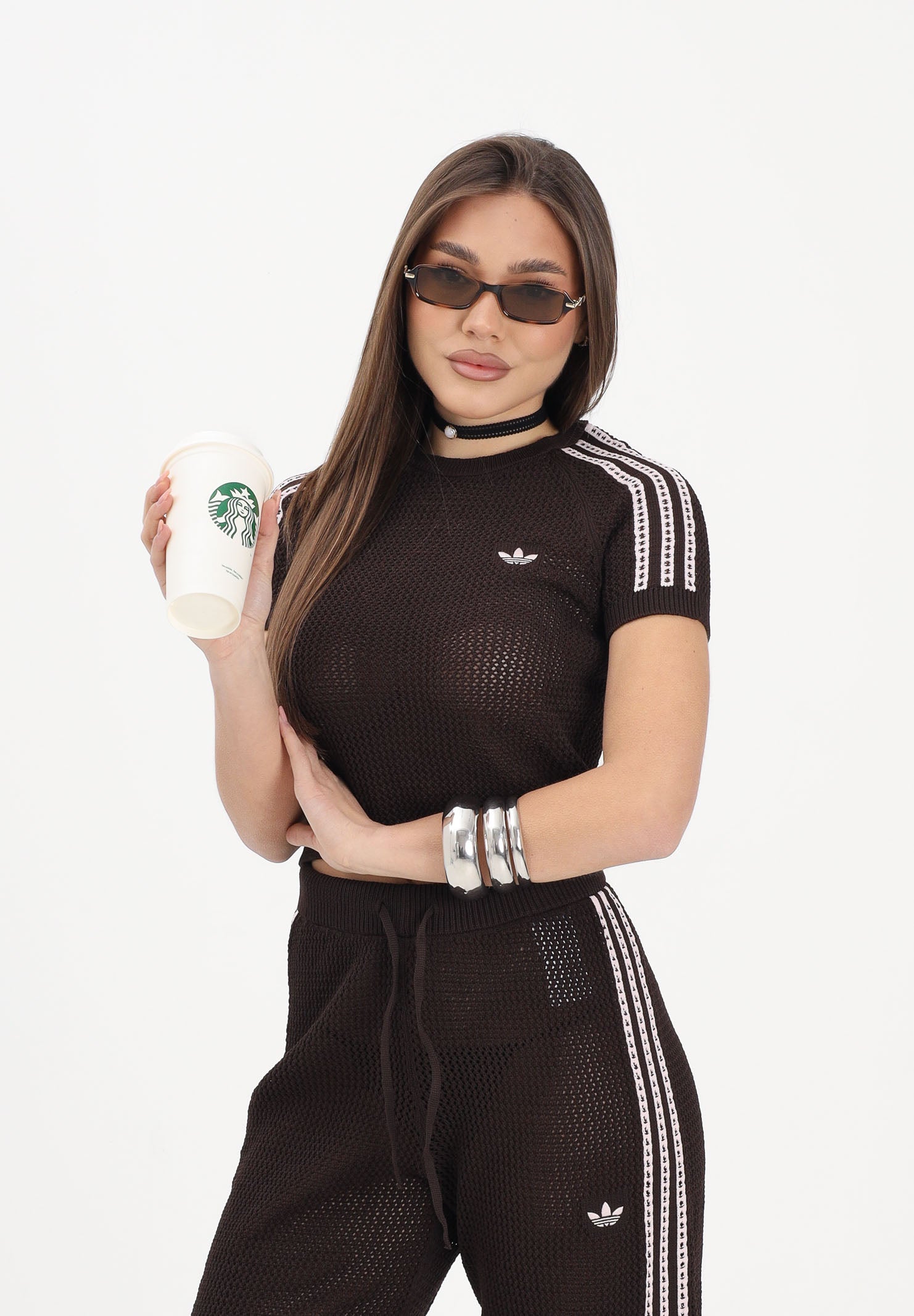 ADIDAS ORIGINALS Maglia a manica corta KNITTED CROCHET CALI marrone da donna KC6480 . ADIDAS ORIGINALS 