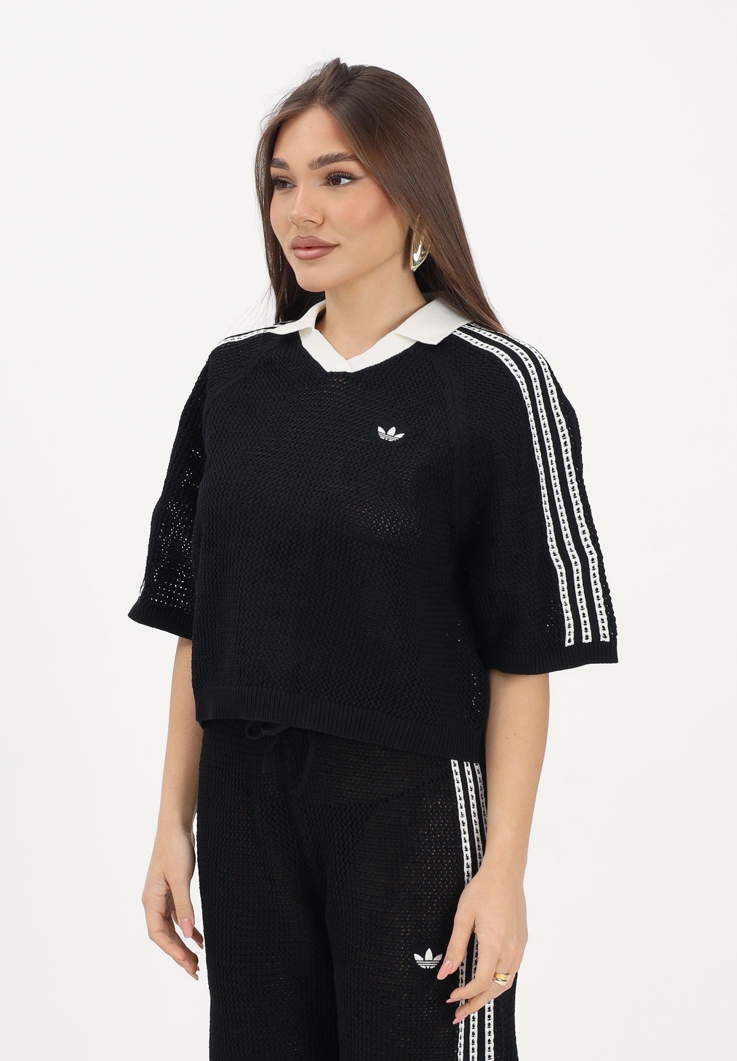 ADIDAS ORIGINALS Polo a manica corta KNITTED CROCHET nera da donna KC6491 . ADIDAS ORIGINALS 