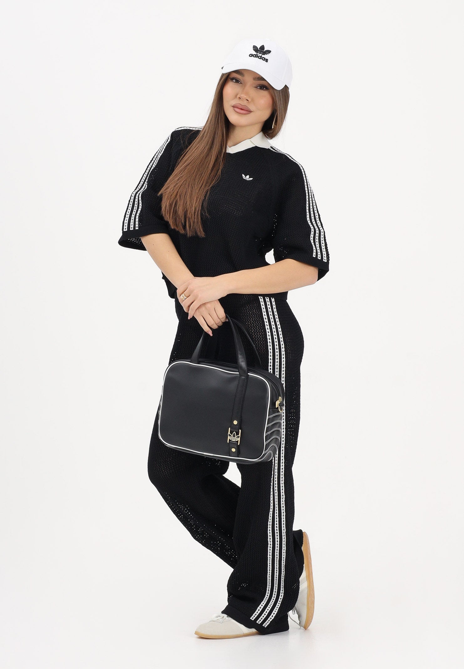 ADIDAS ORIGINALS Polo a manica corta KNITTED CROCHET nera da donna KC6491 . ADIDAS ORIGINALS 