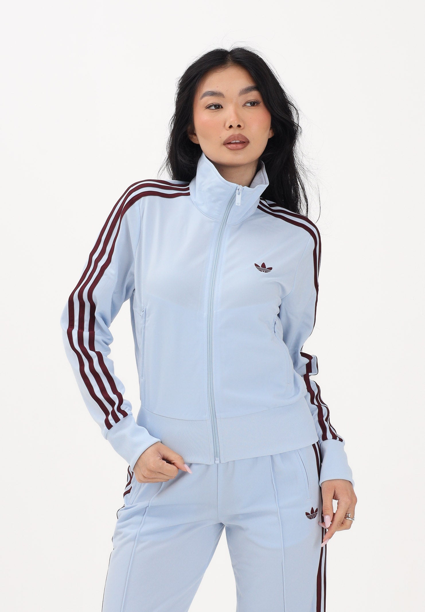 ADIDAS ORIGINALS Felpa con zip Firebird Classic celeste e bordeaux da donna KC6574 . ADIDAS ORIGINALS 